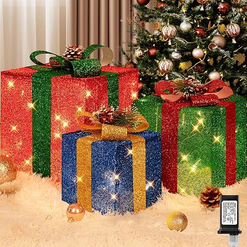 Brightever Juego de 3 cajas de regalo navideñas iluminadas para decoración de porche, de 10, 8 y 6 pulgadas, enchufables, en 3 colores, con 70 mini