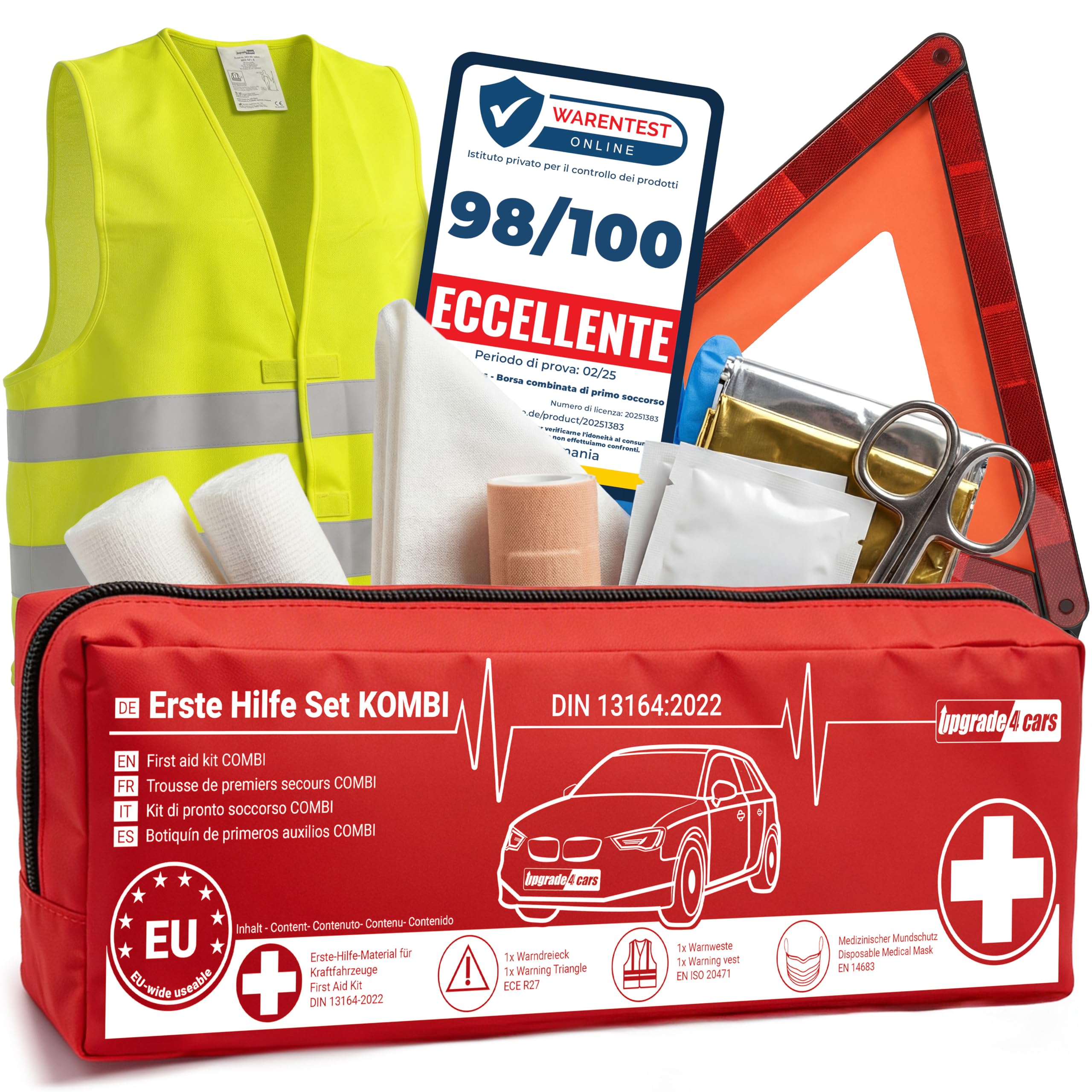 Upgrade4cars Kit di Primo Soccorso Auto 2026 con Triangolo di Emergenza e Giubbotto secondo Norma Attuale DIN 13164 Valido in Tutta Europa Borsa Combinata Auto Emergenza Accessori