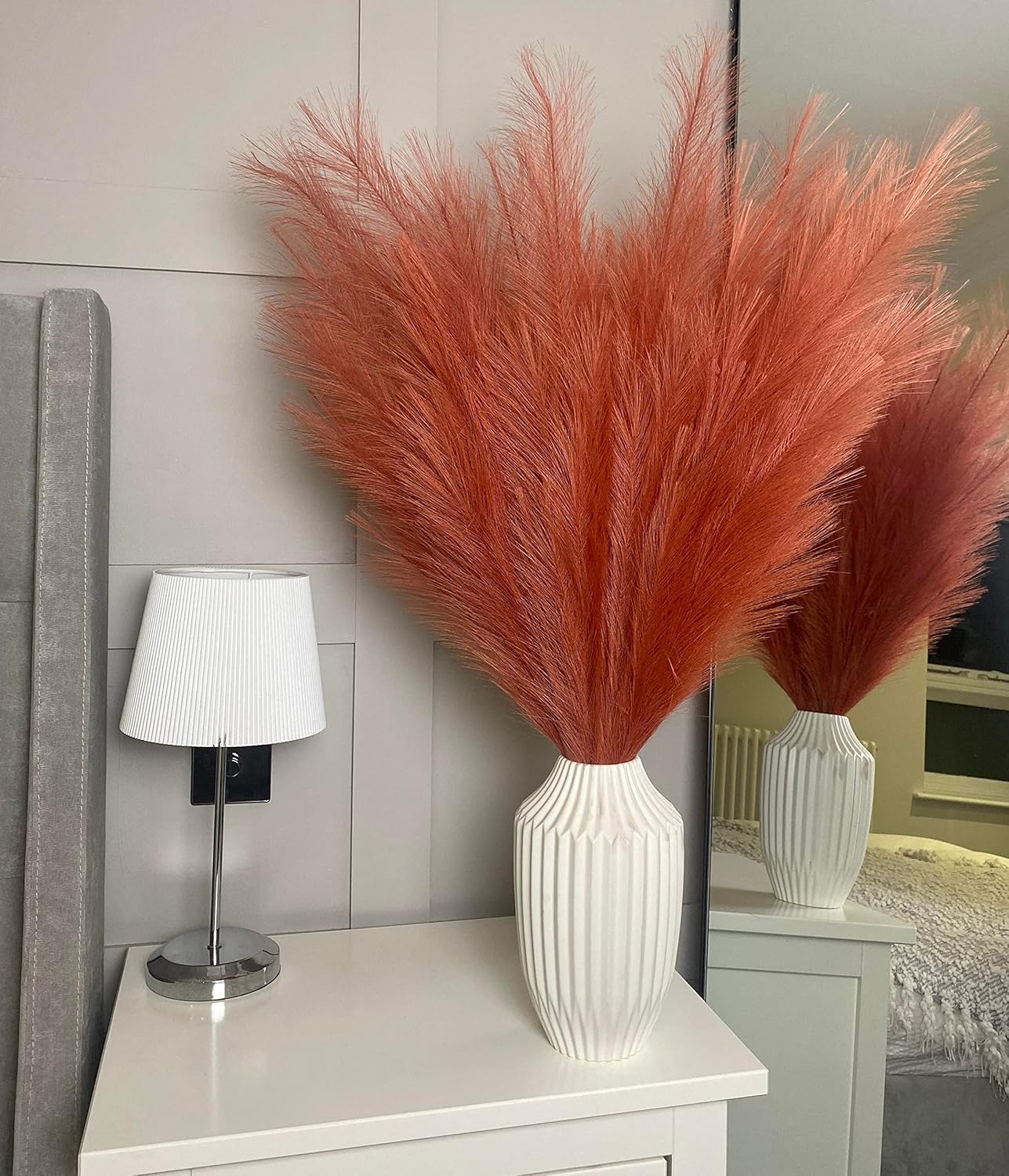 Burnt Orange Fake Artificial Faux Pampas Grass Large Bundle 3 Tall 115cm 45" Extra Fluffy Stems Decorative Branches for Artificial Floor Plant Vase Fillers for Boho Chic Home Living Room Decor