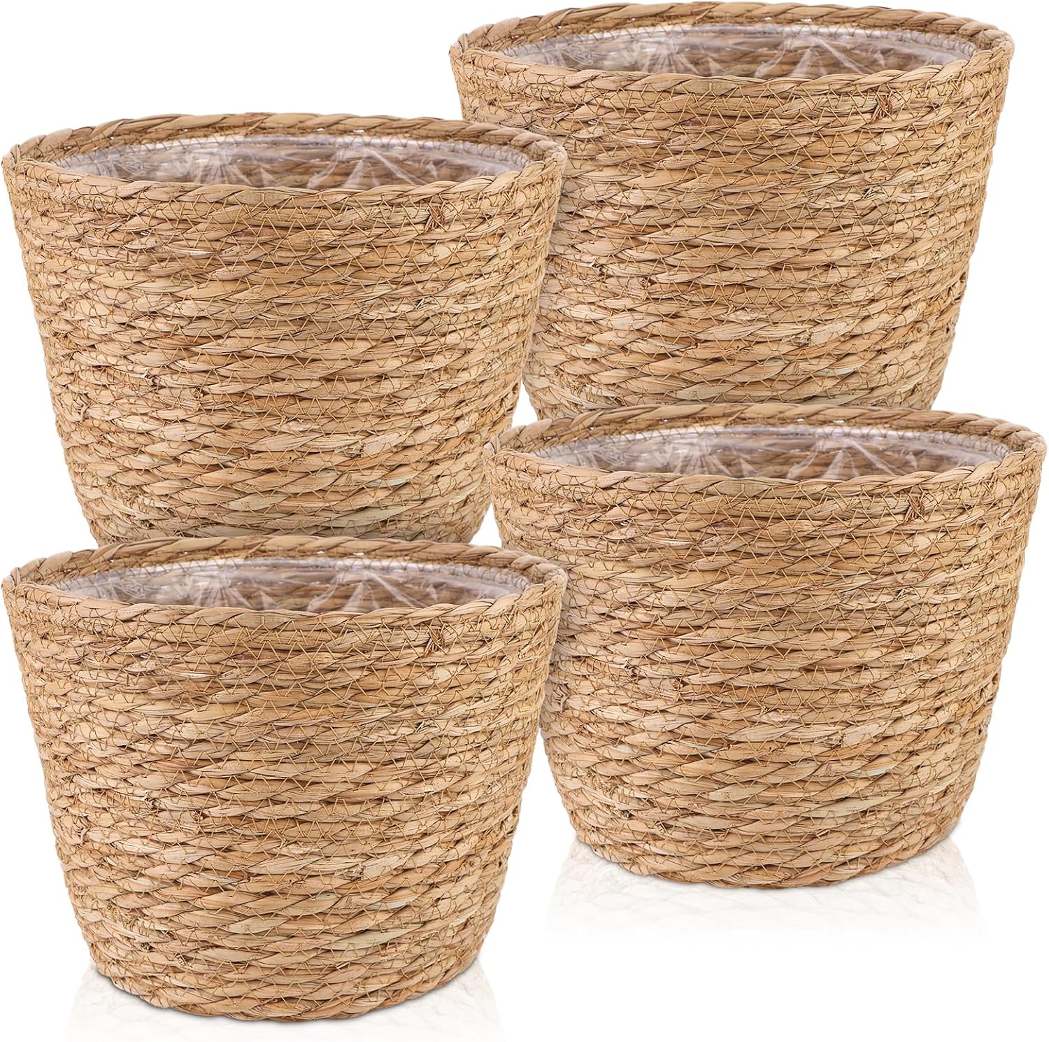 4 Pcs Large Premium Seagrass Planter Basket with Plastic Lining Natural Stylish Planter Baskets Indoor Outdoor Plants Woven Wicker Baskets for Plants Flower Pots Cover and Room Decor(10.2x7.5x7.5")