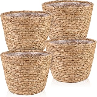4 Pcs Large Premium Seagrass Planter Basket with Plastic Lining Natural ...