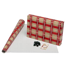 American Greetings Christmas Wrapping Paper Set, Red and Tan Brown Holiday Gift Wrap (120 sq. ft., 4 rolls-30 in. x 12 ft., 7 Adhesive Bows, 30 Gift Tag Stickers) Plaid, Stripes, and Snowmen