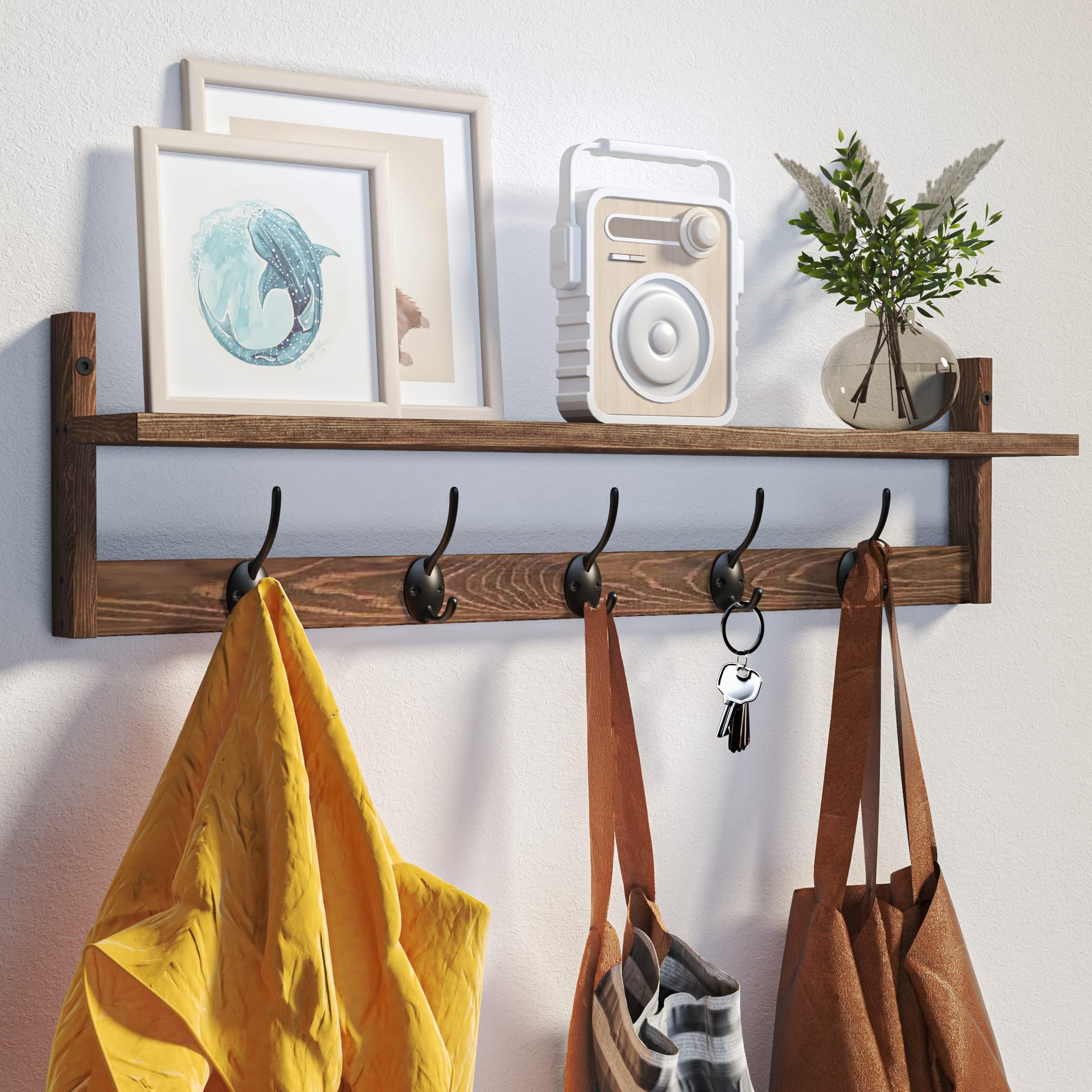BAMEOS Gancio appendiabiti in legno a parete - Mensola lunga 73,5 cm con 5 doppi ganci in metallo, gancio per indumenti per ingresso, bagno, soggiorno, camera da letto, cucina, decorazione e