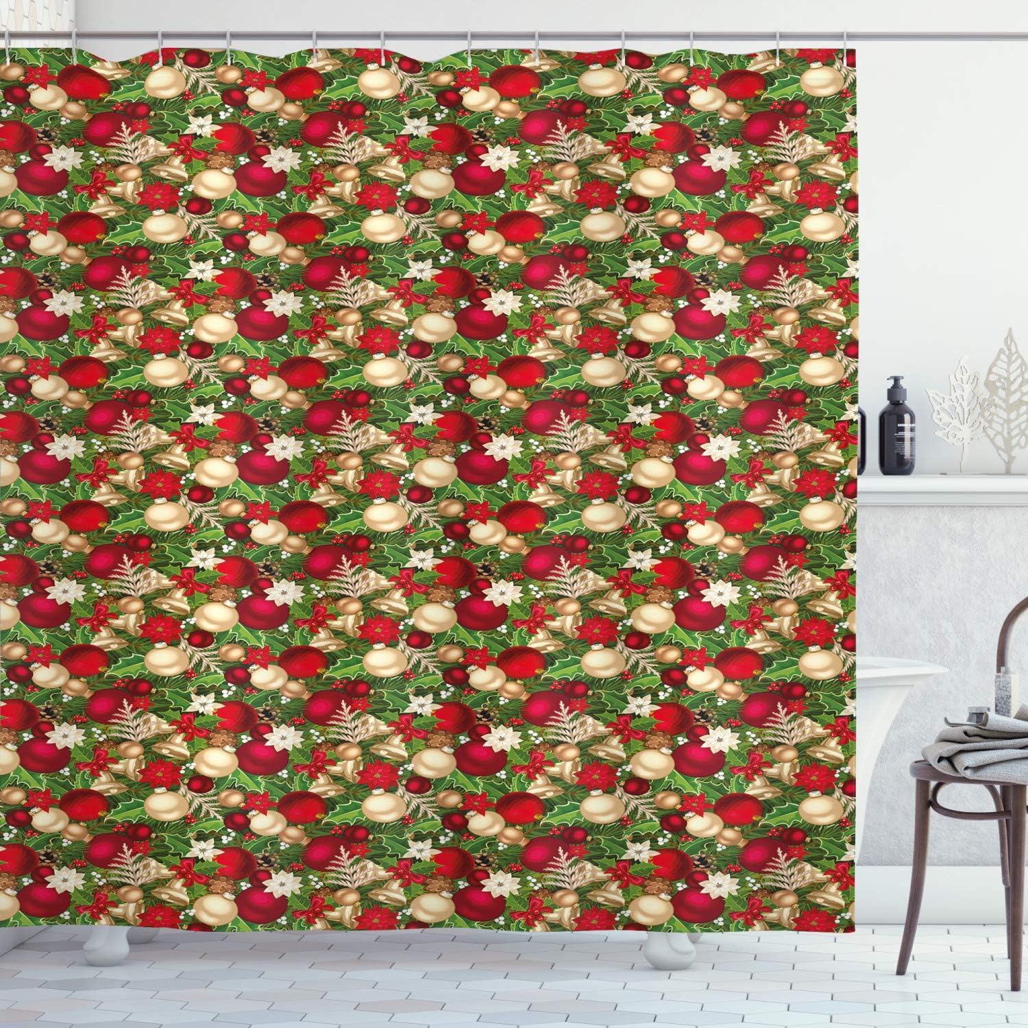Ambesonne Christmas Shower Curtain, Tree Branches Spruce Leaves Balls Bells Cones Poinsettia Flowers Mistletoe Berry, Cloth Fabric Bathroom Decor Set with Hooks, 69" W x 75" L, Red and Green