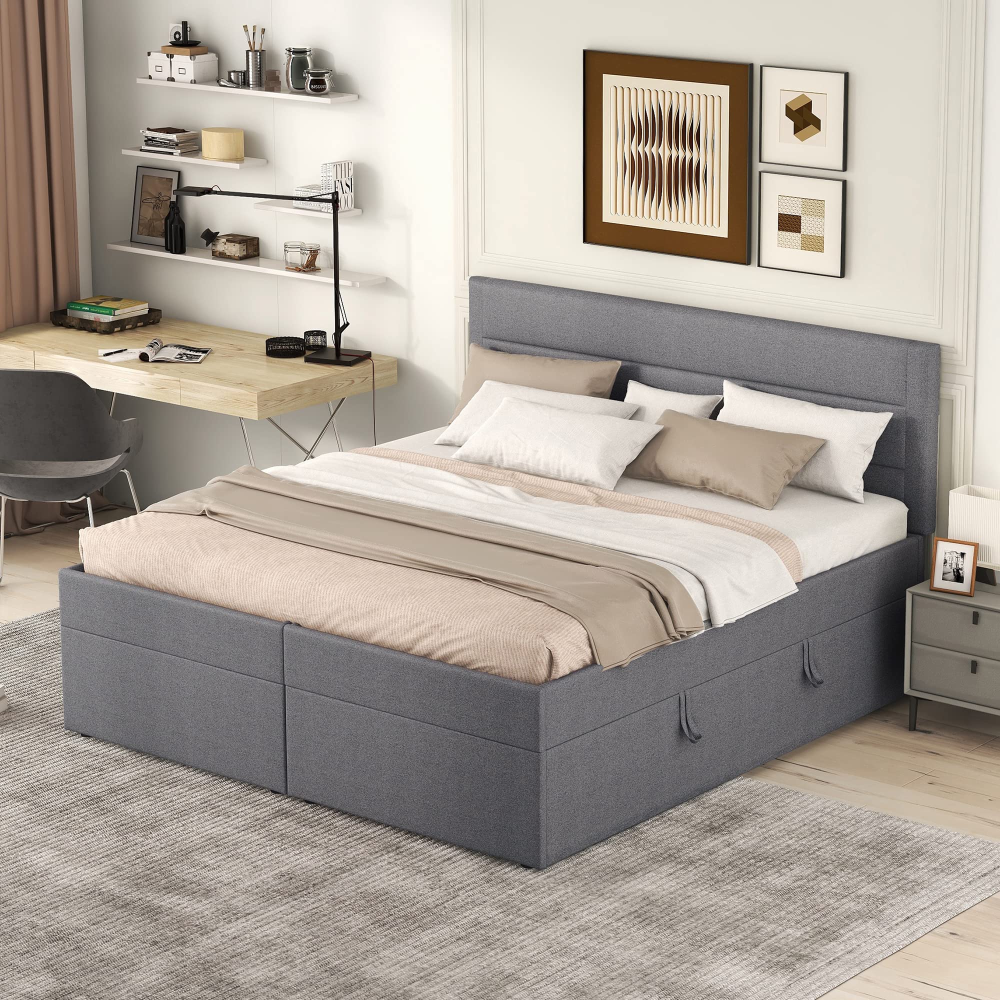 Boxspringbett 140x200 mit Bettkasten, Doppelbett Polsterbett mit Lattenrost, Bett, Betten, Bettgestell mit Stauraum, Schlafzimmer Komplett, Stauraumbett (Grau, Doppelbett 140x200), TkopyBed0615