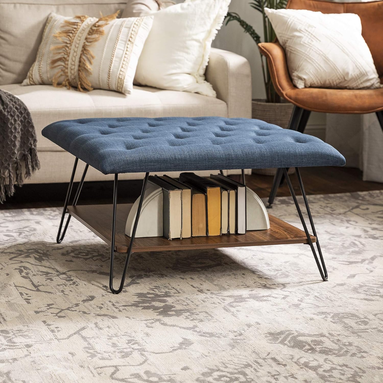 Walker Edison Tufted Upholstered Fabric Ottoman Stool