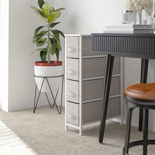 Miniatura 2 de Flash Furniture Harris - Cómoda de 4 cajones con marco de hierro fundido blanco con parte superior de madera delgada con cajones de tela gris claro