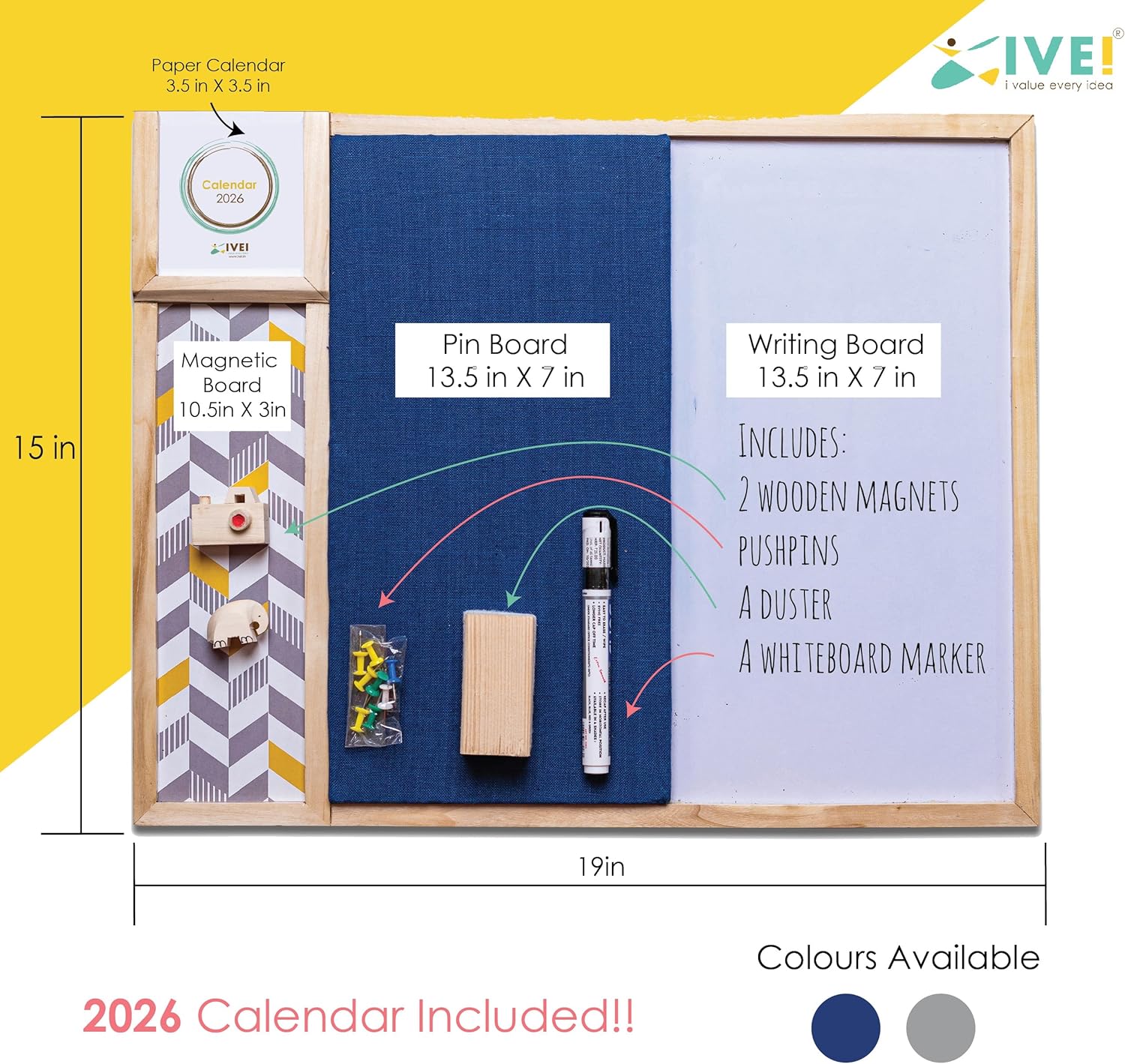IVEI Combination Board - Pin and White Board Combo - Dry Erase - Bulletin - Memo Board - Calendar | All Purpose to-do Boards for Office, School, Home | 15in X 19in |(with Metal Board Big (Blue))