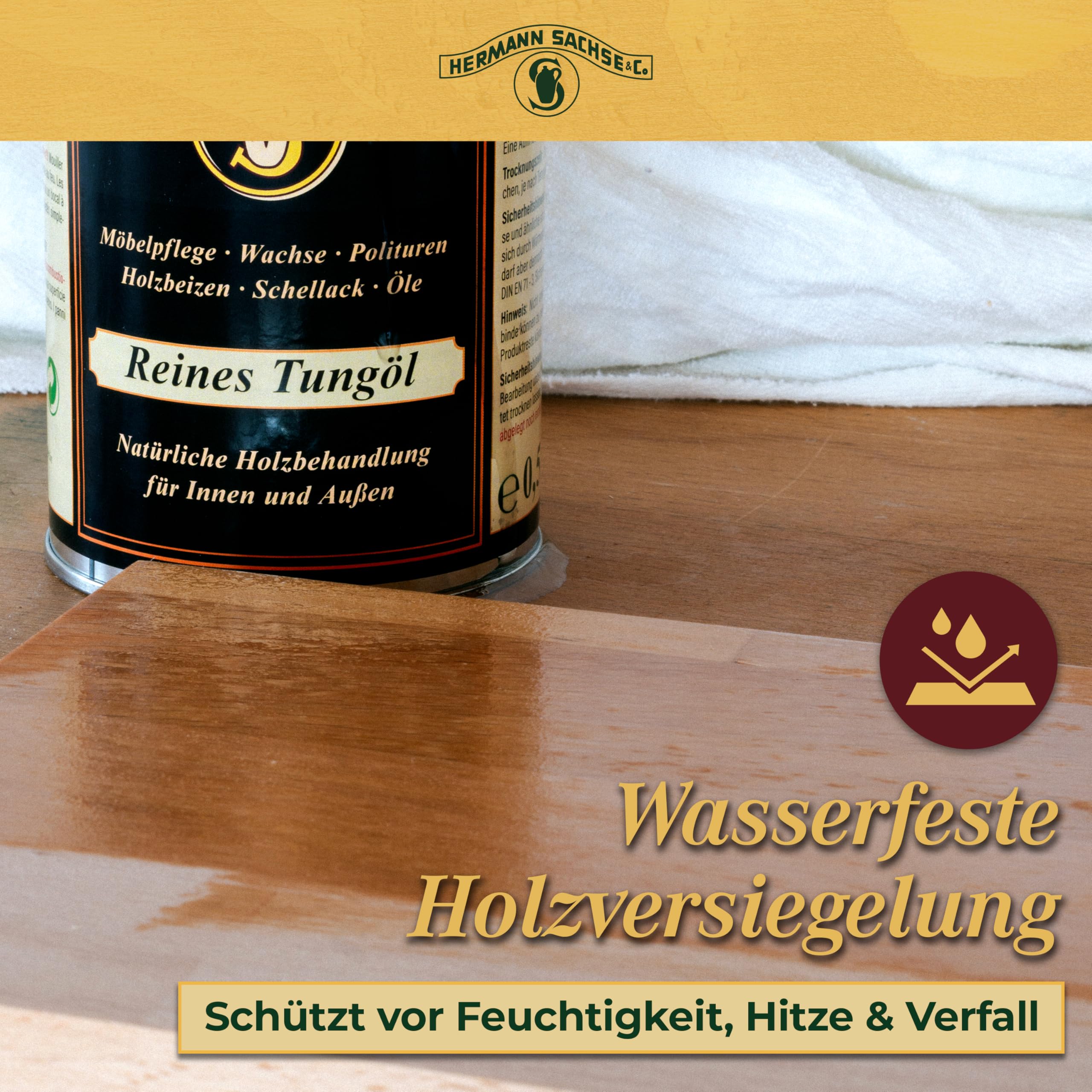 Hermann Sachse Aceite de Tung puro | Cuidado de la madera 100% natural para interior y exterior | cambia menos el color, forma una capa impermeable muy resistente de 0,5 litros
