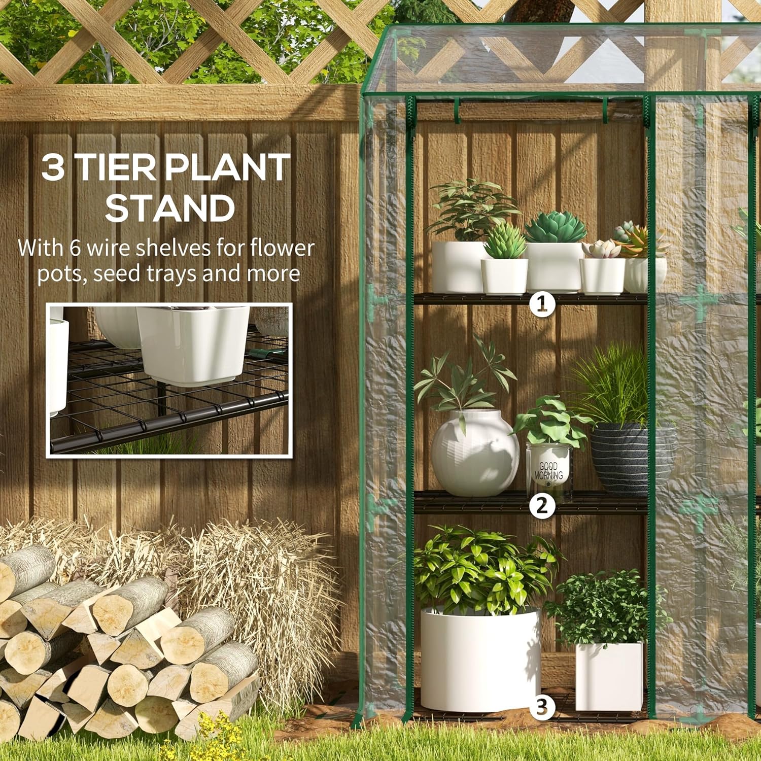 Outsunny Lean-to Mini Greenhouse with 3 Tier Shelves, Portable Green House with 2 Roll-up Doors, Garden Plant Grow Hot House for Indoor Outdoor, 56.3"x18.1"x59.4", Clear