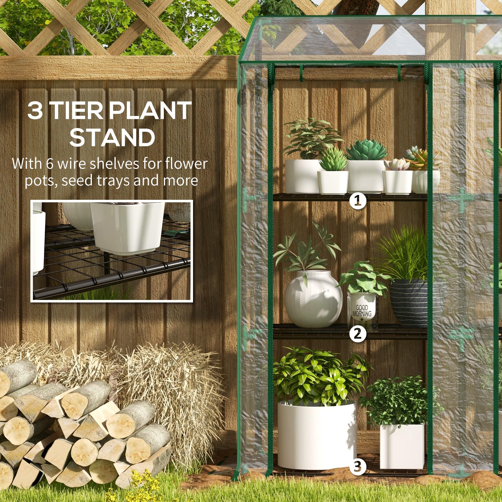 Outsunny 3 Tier Lean-to Mini Greenhouse with Reinforced Plastic Cover - Image 4