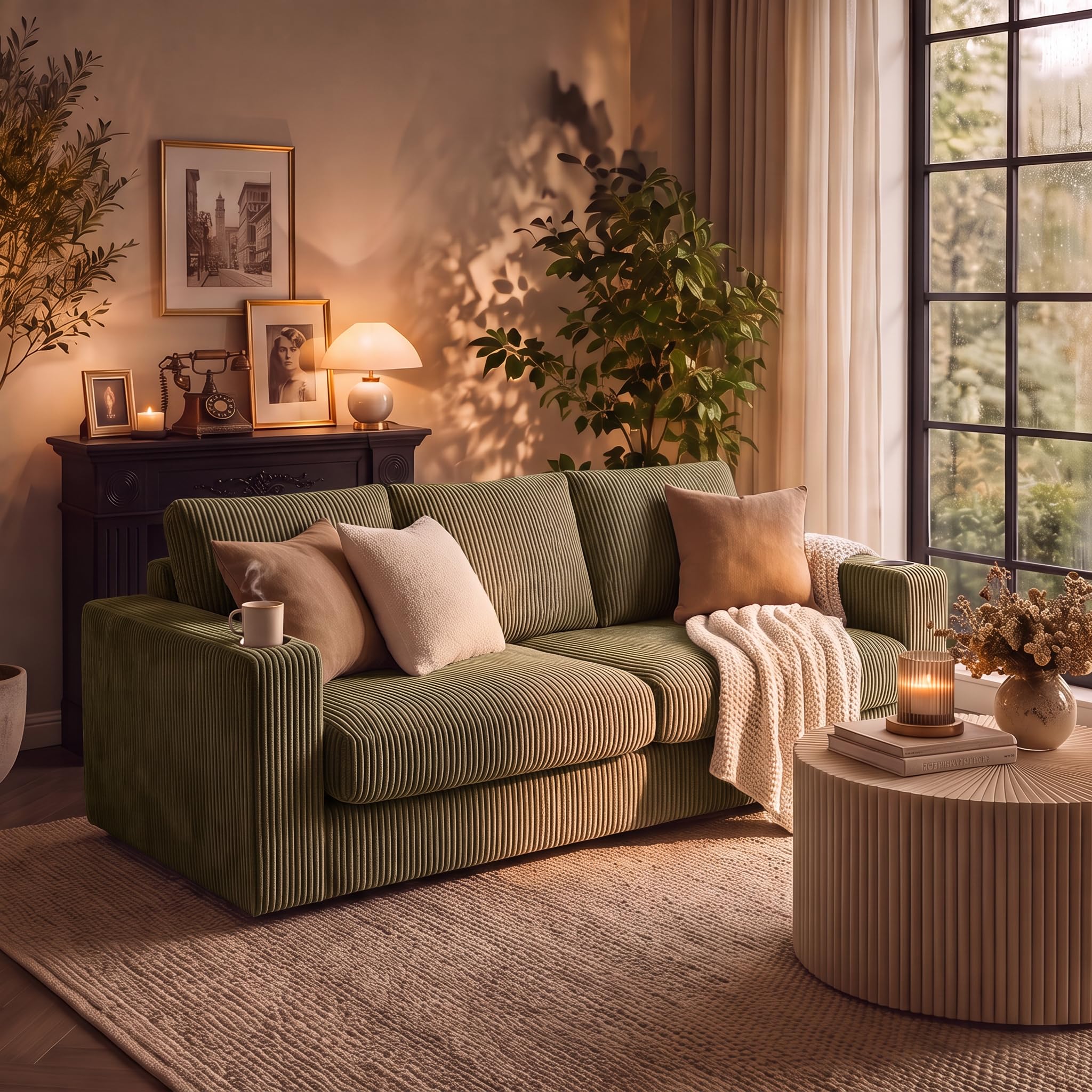 DreamCloud 90" 3 Seater Sofa for Living Room | Extra Wide Seats 4 | Plush Corduroy Upholstery | High-Elasticity Sponge | Cup Holders | Washable Covers (Matcha Green)-image-28