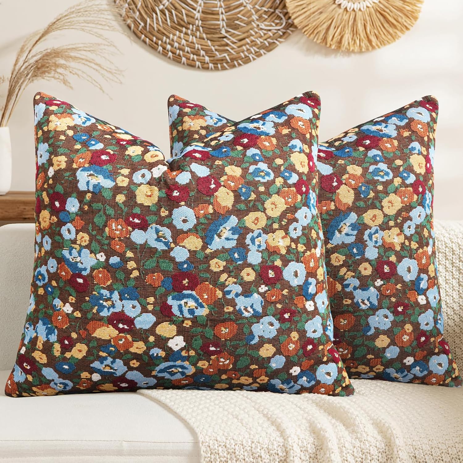 Pyonic Set of 2 Decorative Floral Print Throw Pillow Covers 22X22 Inch Vintage Brown Boho Square Pillow Covers Soft Neutral Farmhouse Couch Pillowcase for Livingroom Bedroom Home Decor