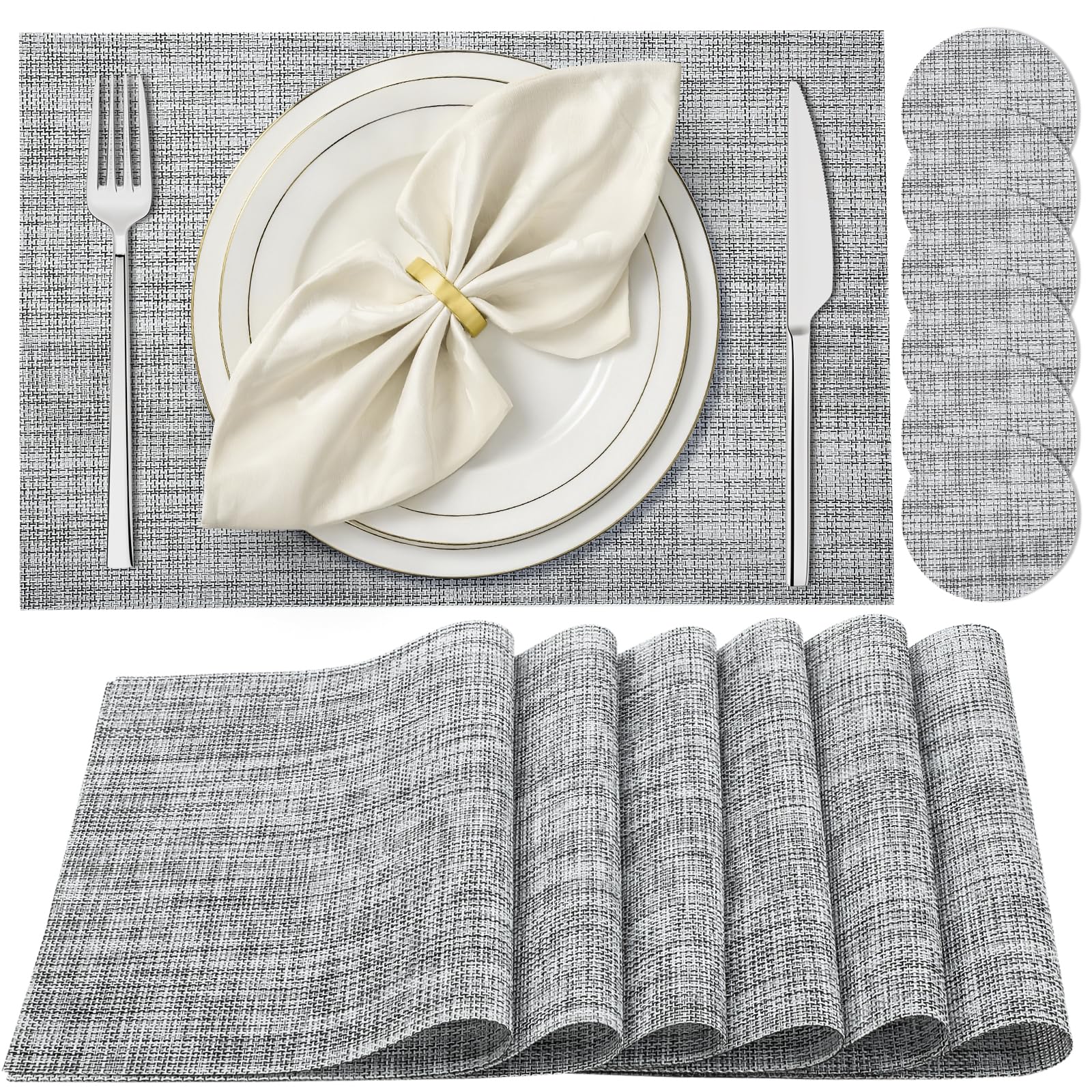 Ceecysaa Placemats and Coasters for Dining Table Set of 6, PVC Table placemats,Table Mats for Dining Table Heat Resistant Non-Slip Washable for Kitchen/Dining/Party Use,12 x 18 Inch,Grey