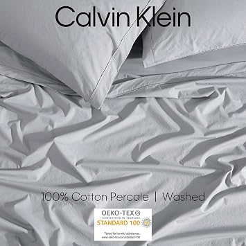Calvin Klein - King Sheet Set, Crisp & Tailored Cooling Sheets with a Cotton Percale Lightweight Feel, Deep Pockets - Bed Sheets with Matching Pillowcases & Fitted Sheet (Washed Percale Steel Blue)