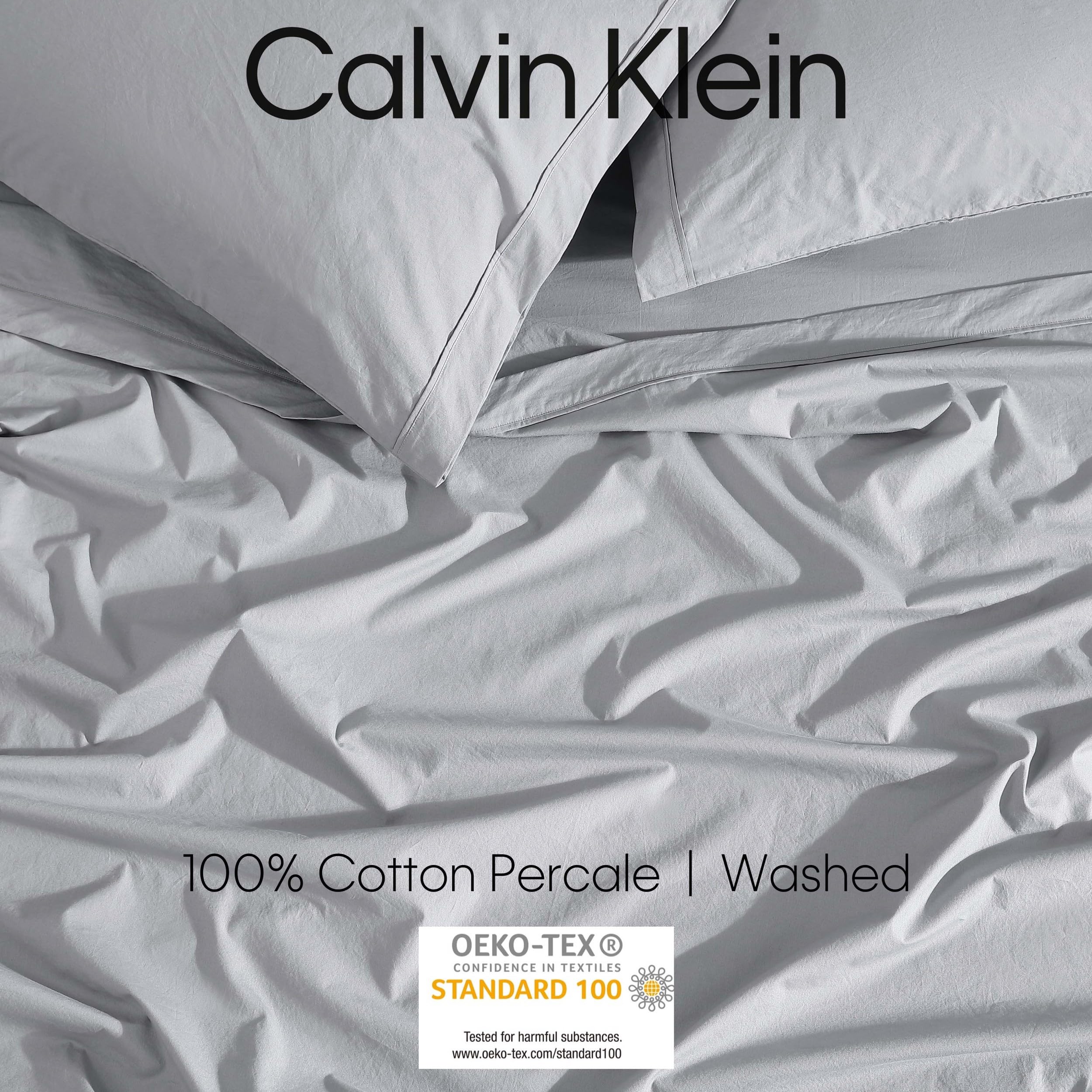 Calvin Klein - Lenzuola Queen, Set di biancheria da letto in percalle di cotone lavato, arredamento moderno per la casa (blu acciaio, Queen)