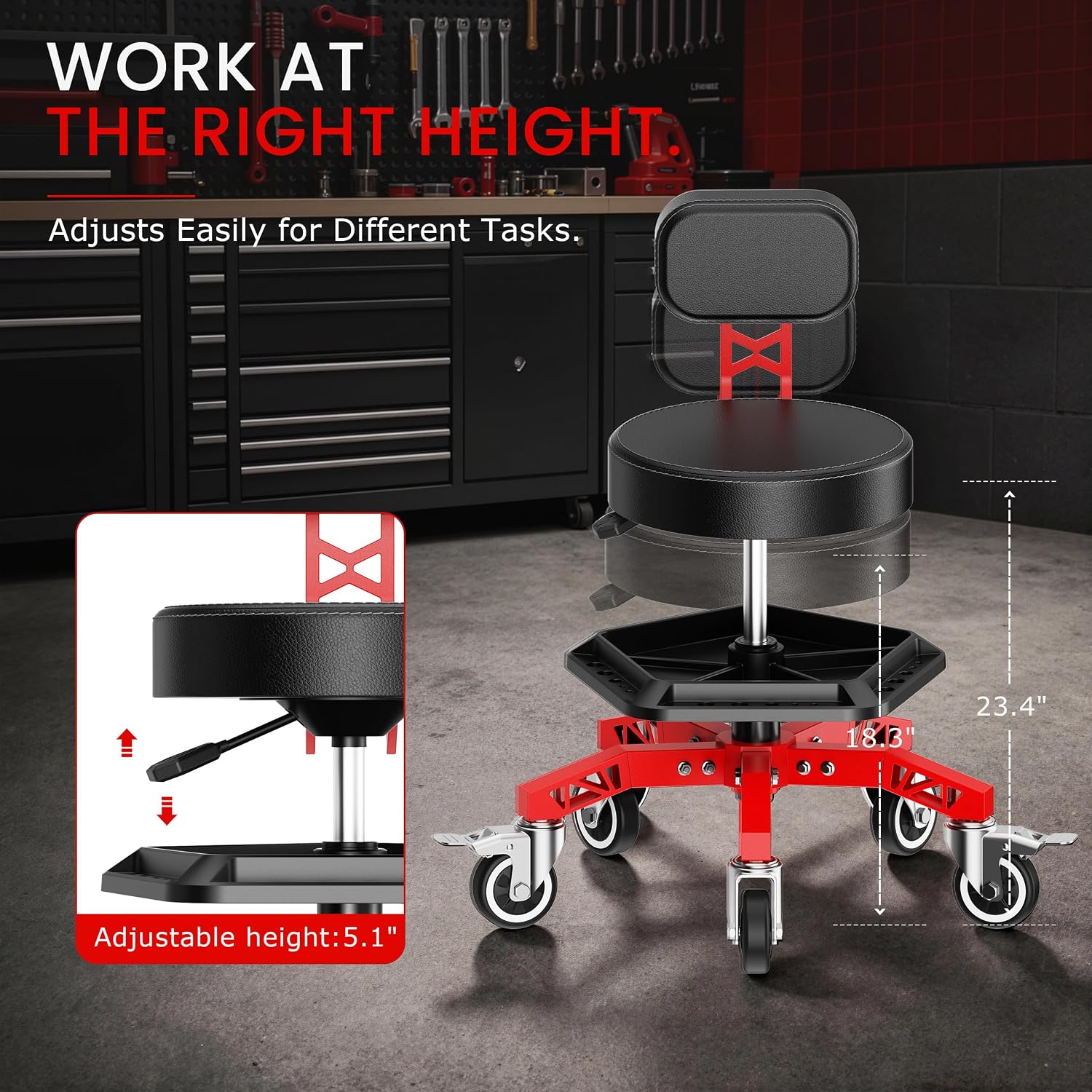 Rolling Shop Stool with Backrest, Garage Mechanic Stool for Workshop