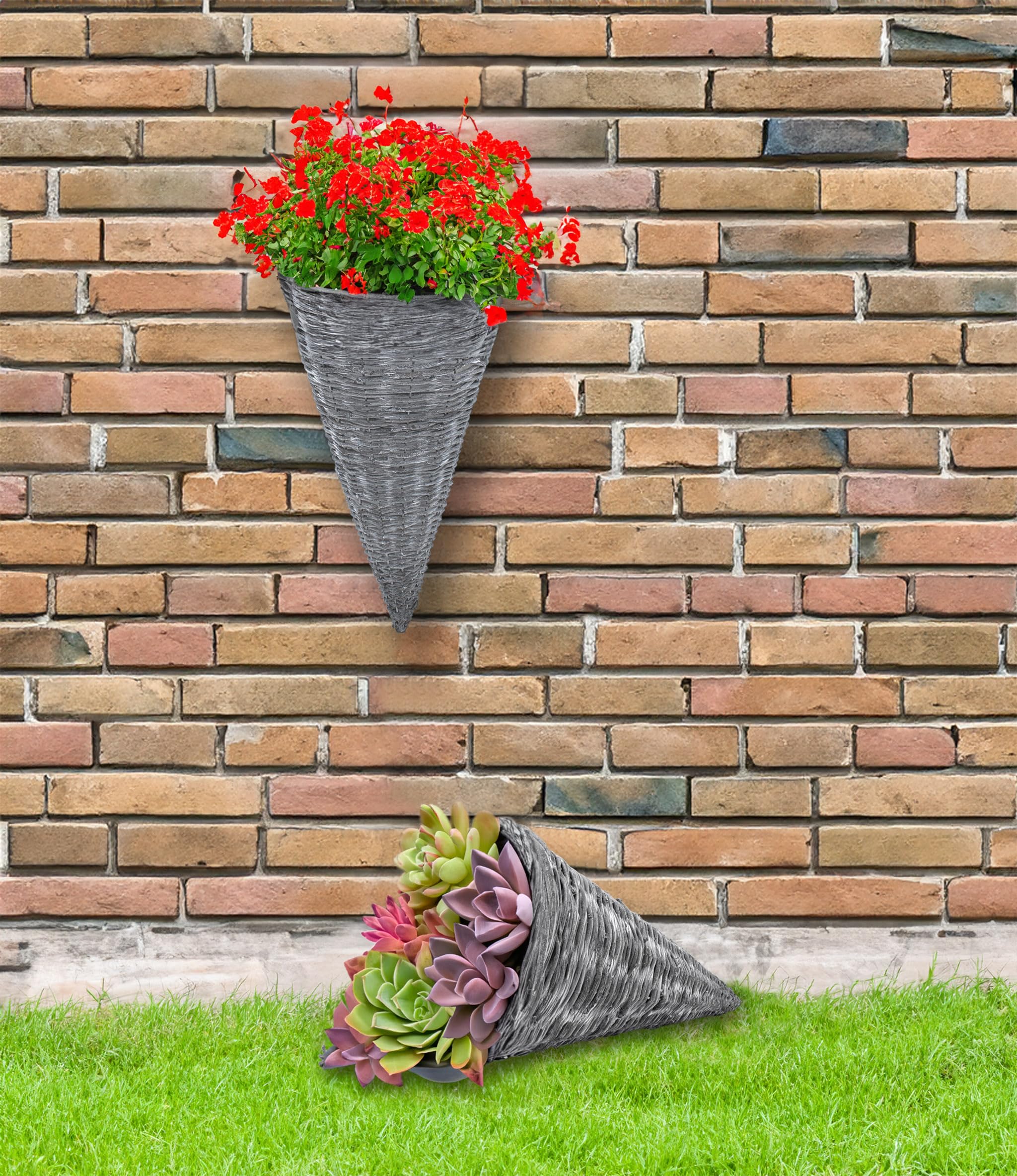 ERINGOGO Lot De 2 Pots De Fleurs à Suspendre En Forme De Cône De 30,5 Cm Avec Doublure En Plastique, Pot De Fleurs à Suspendre En Osier, Pot De Fleurs D'intérieur Ou