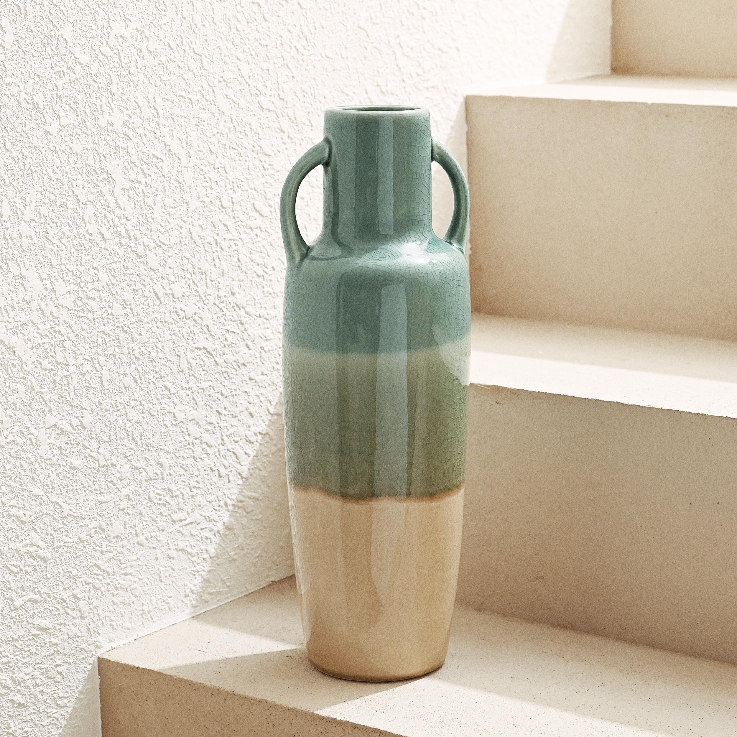 VICTOR & TERESA Tall Vase for Flowers, Green and Beige Floor Vases for Pampas Grass, Modern Farmhouse Decorative Large Vases for Mantel Accent, Living Room,Bookshelf, Centerpieces, Home Decor 15.1inch