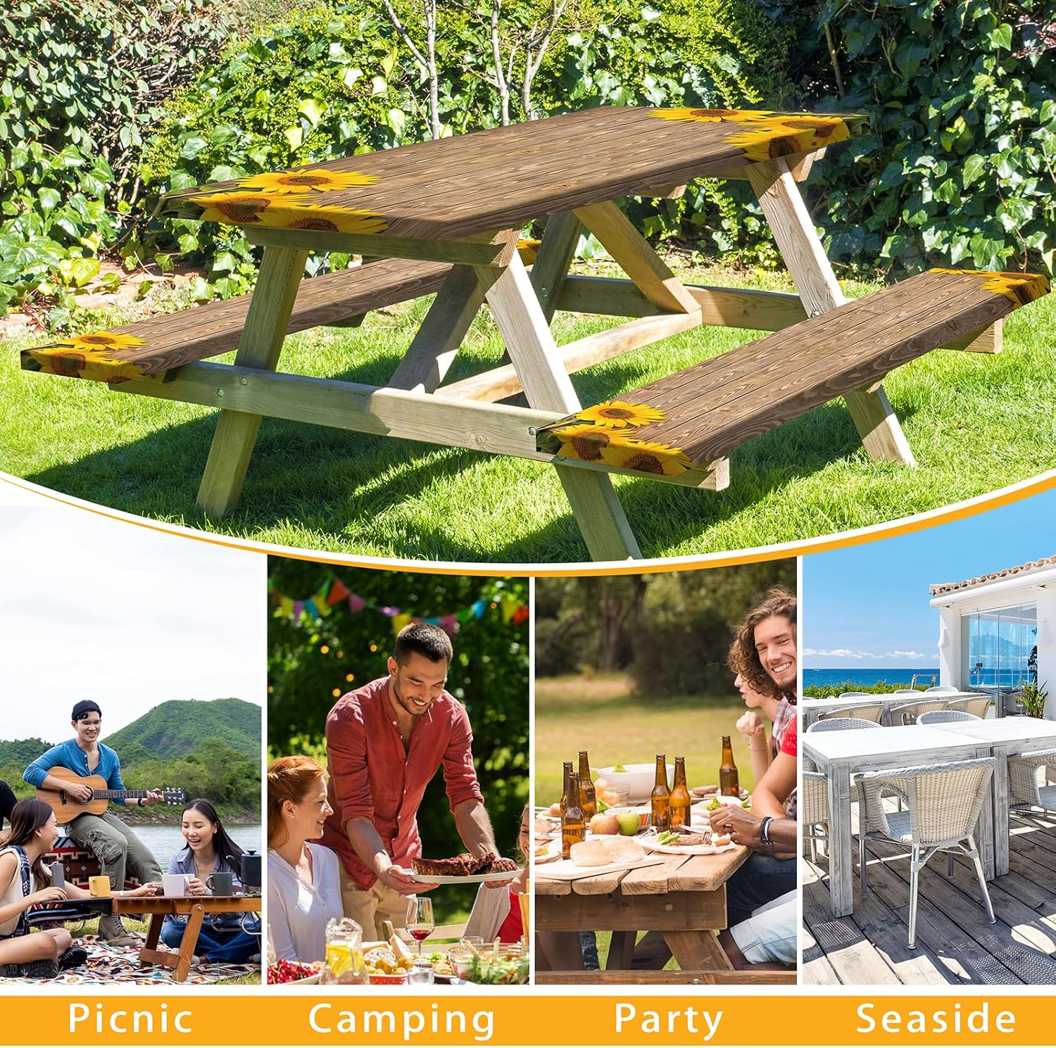 Picnic Table Cover with Bench Covers 6FT Sunflower Waterproof Fitted Picnic Table Cloths Wood Texture Outdoor Elastic Picnic Tablecloth Outdoor Camping Essentials(3pcs-72")