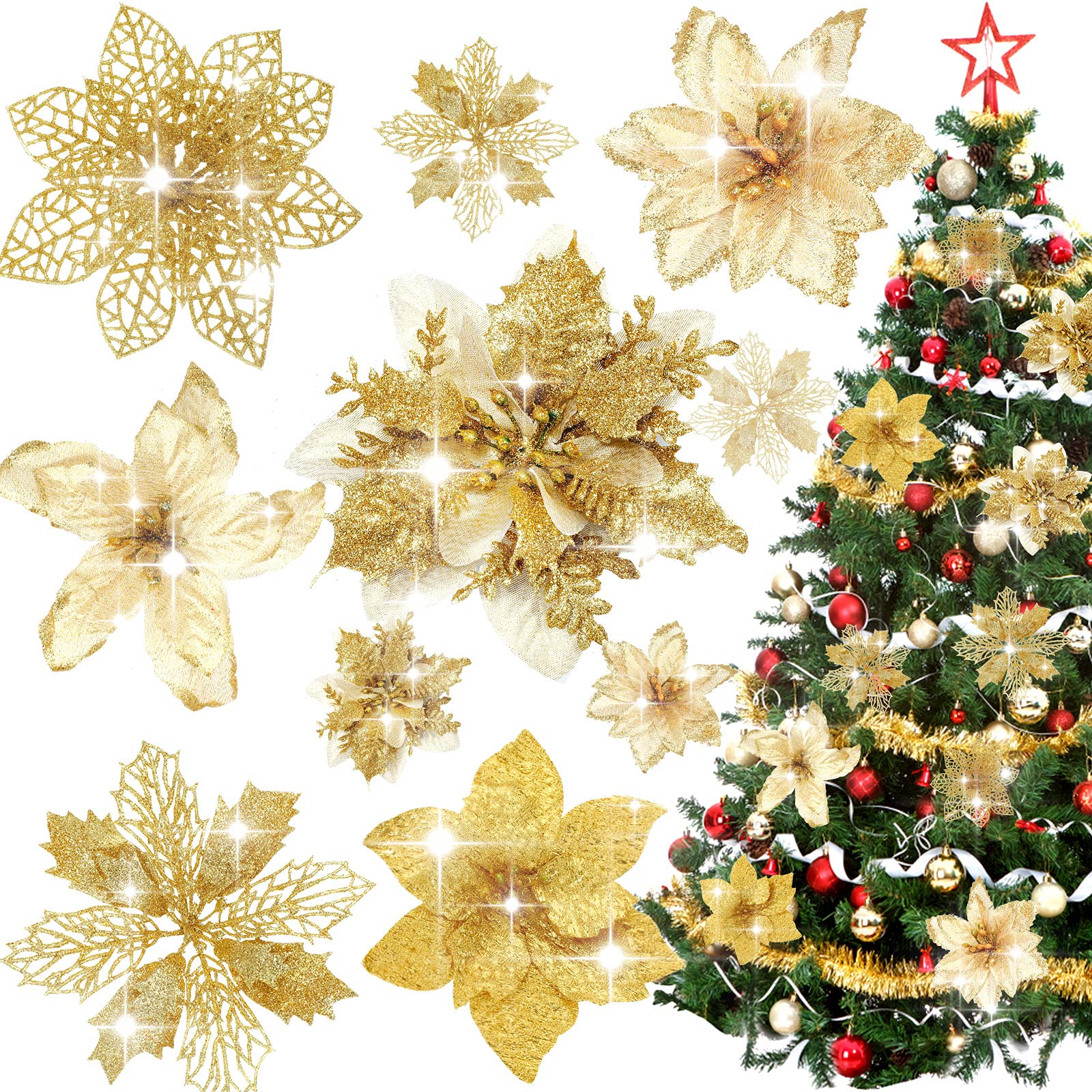 30 Pieces Christmas Tree Ornaments Glitter Artificial Poinsettia Flower Stems Christmas Flowers Decorations for Christmas Tree Wreaths Floral Winter Wedding Holiday Decoration (Gold)