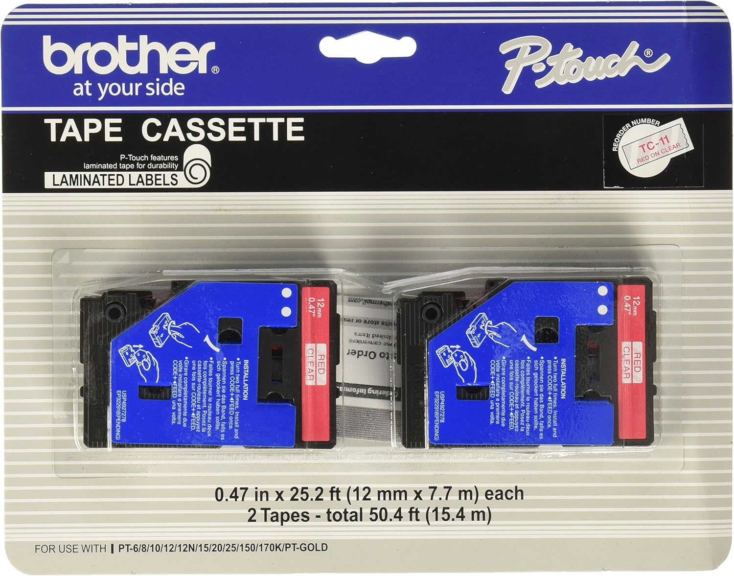 Brother Model TC-11 Red On Clear Tapes, 1/2in. x 25ft., Pack of 2