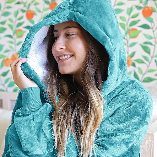 Miniatura 7 de Tirrinia - Manta de tamaño grande de sherpa con capucha, cómoda, regalo para adultos, hombres, mujeres, adolescentes, esposa, novia (aqua)