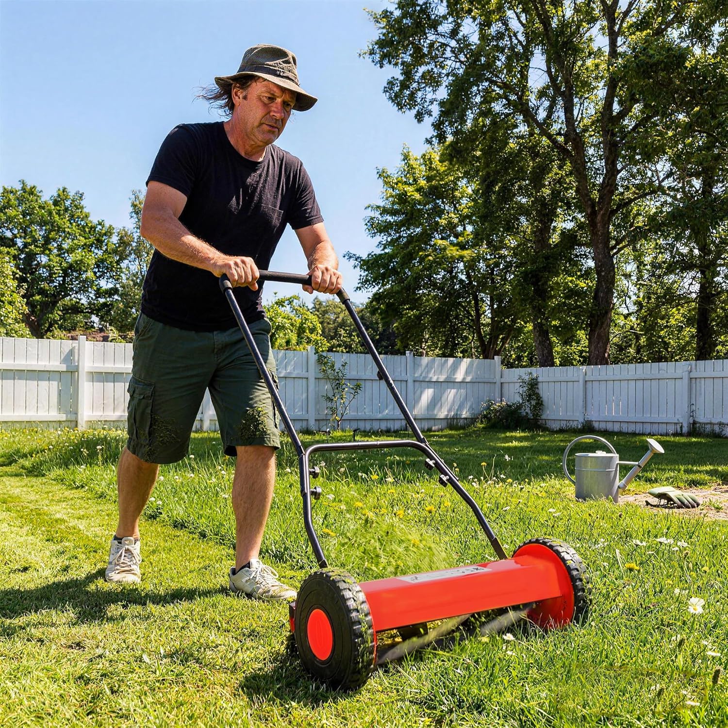 14" 5-Blade Push Reel Lawn Mower, Manual Push Mower with Adjustable Cutting Height, Compact Lawnmower for Small to Medium Yard and Field, Lightweight Hand Reel Push Mower, Red