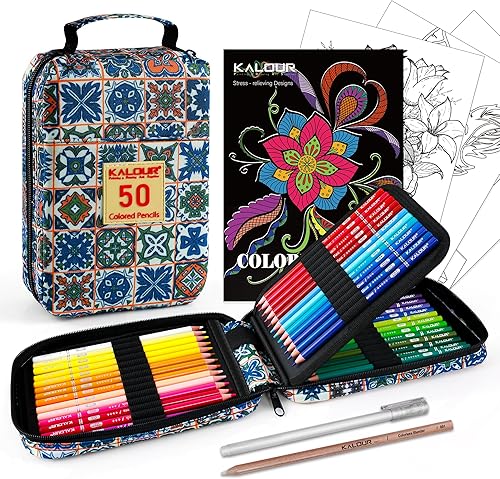 KALOUR Lápices de colores premium para libro de colorear para adultos, juego de 50 colores, con estuche con ranura para bolígrafos, núcleo suave,