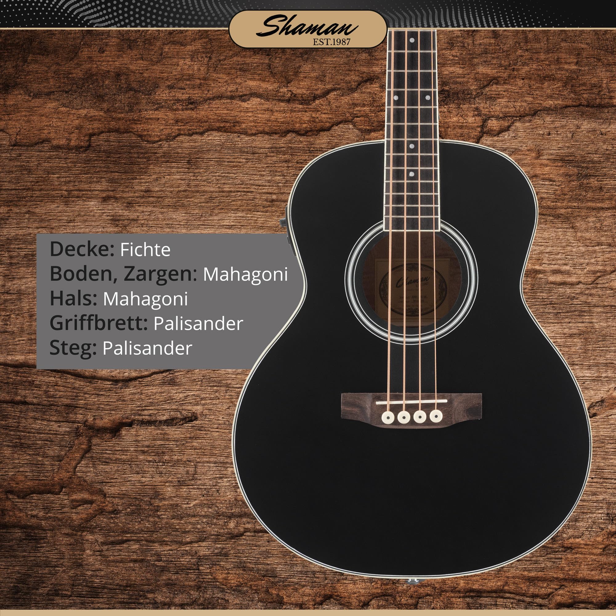 Shaman ABM4-50E-BK Akustik Bass 4-Saiter - kompakter Short-Scale Bass mit eingebautem Tonabnehmer, Piezo-Elektronik & Stimmgerät, Mahagoni & Fichte Korpus, ideal für Bühne & Zuhause - Schwarz