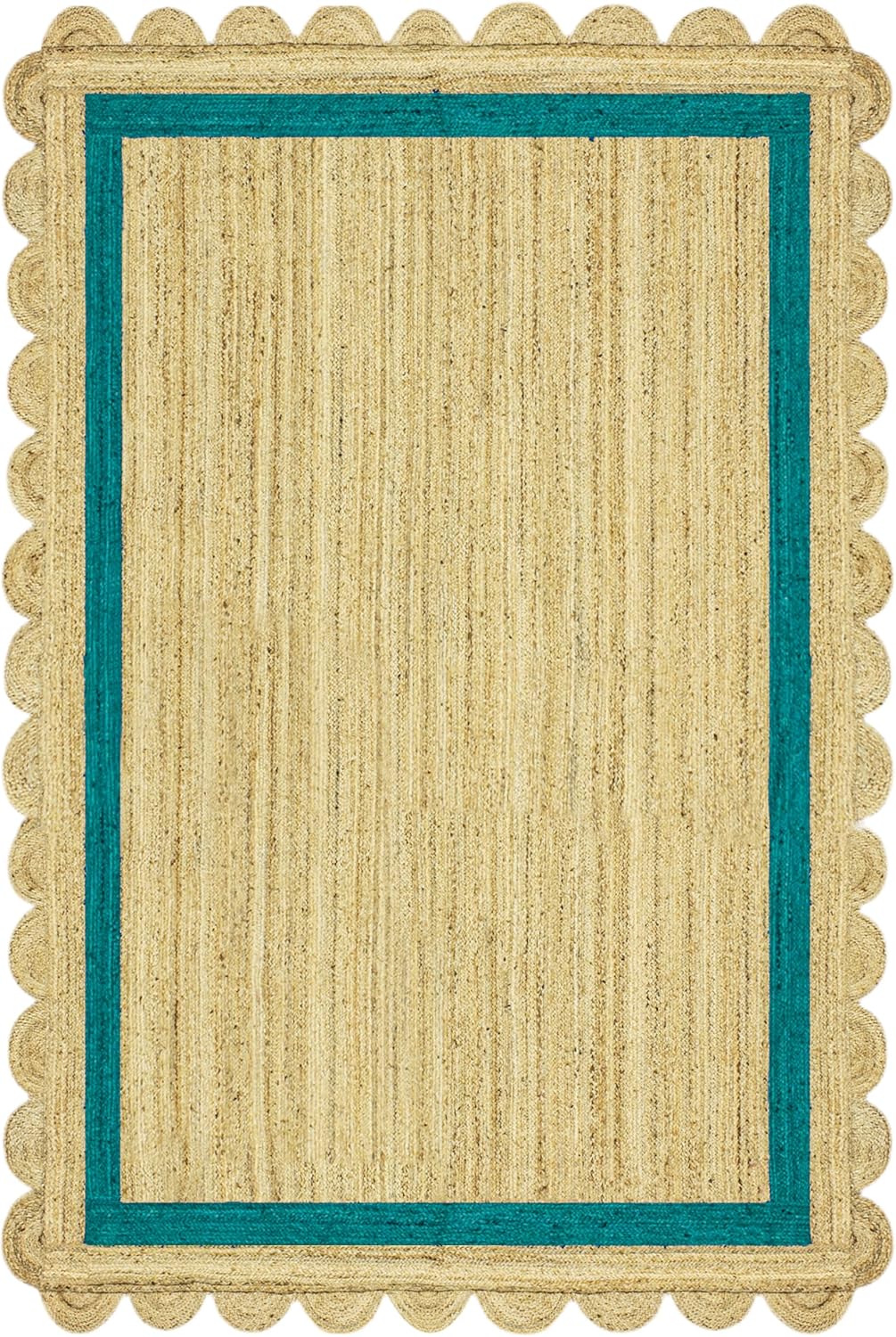 Collection Scalloped Runner Rug - 4x20 Green & Beige Scallop Edge Braided Jute Geometric Kilim Indoor Outdoor Use Carpet Flatweave Rugs for Home Foyer Corridor Hallway