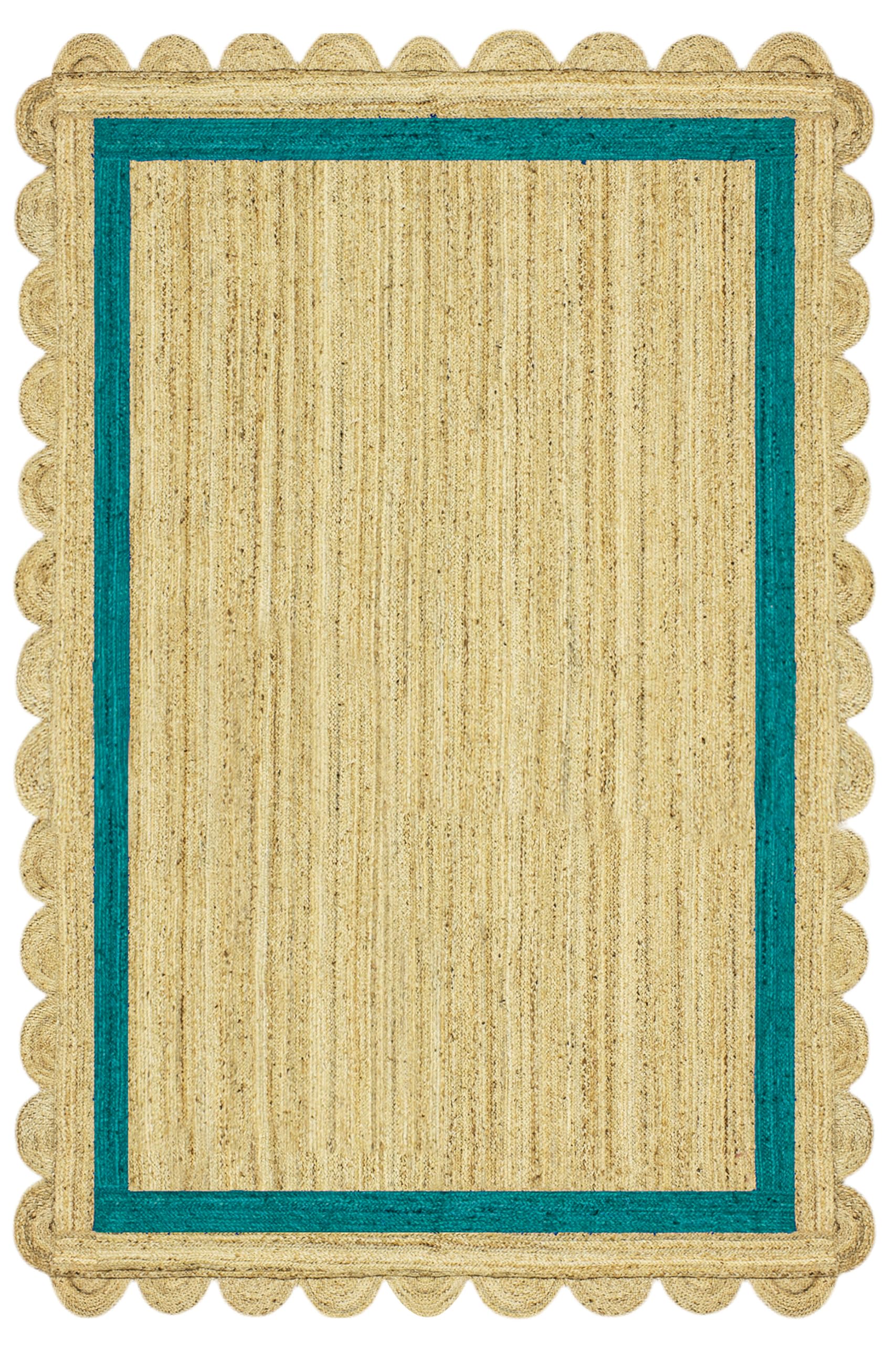 Tapis de couloir festonné Kilim 61x352 cm en jute tressé vert et beige pour entrée et escalier