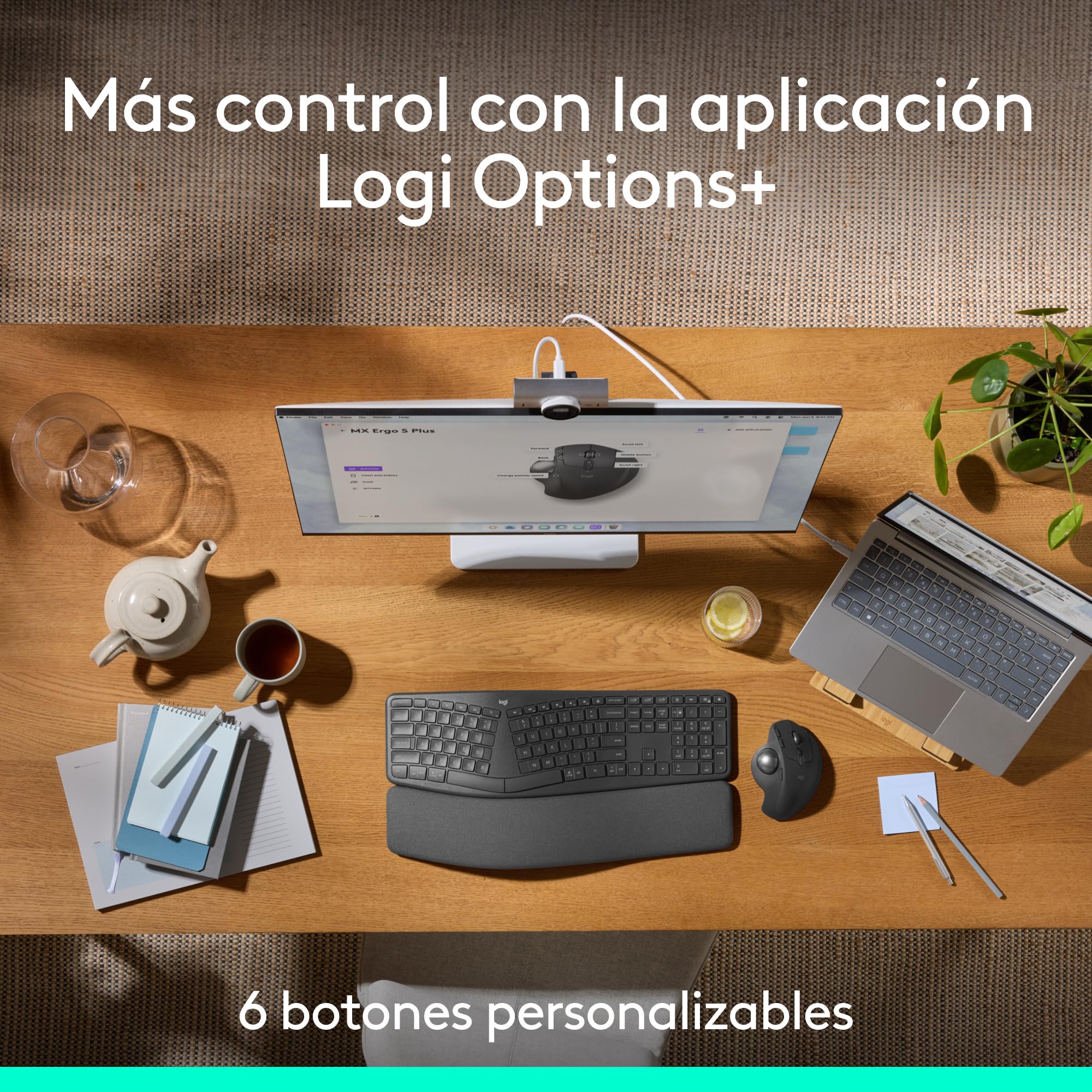 Logitech MX Ergo S ratón con trackball inalámbrico avanzado, ratón ergonómico inalámbrico Recargable por USB-C con Bluetooth y Llave USB cifrada, 6 Botones programables, para PC/Mac - Grafito