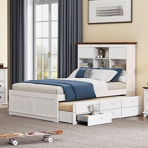 Bellemave Full Captain Bed with Trundle and Storage Drawers, Full Size Platform Bed with Bookcase Headboard Full Daybed Solid Wood Frame for Kids Teens Adults Guest Room Bedroom (White+Walnut)