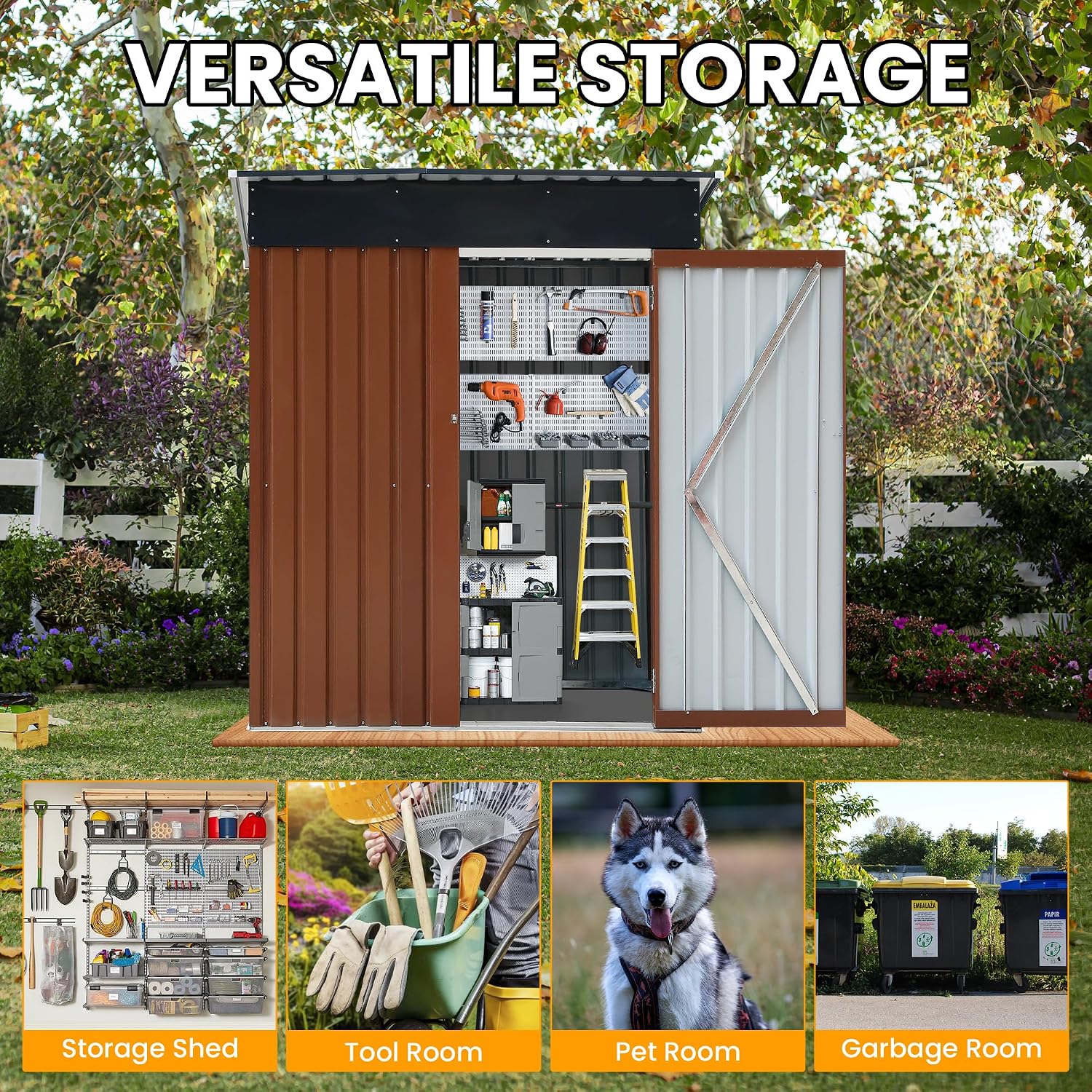 Brown 5x3 FT Outdoor Storage Shed, Metal Garden Shed with Lockable Door & Sloping Roof, All-Weather Tool Shed for Backyard, Patio, Lawn