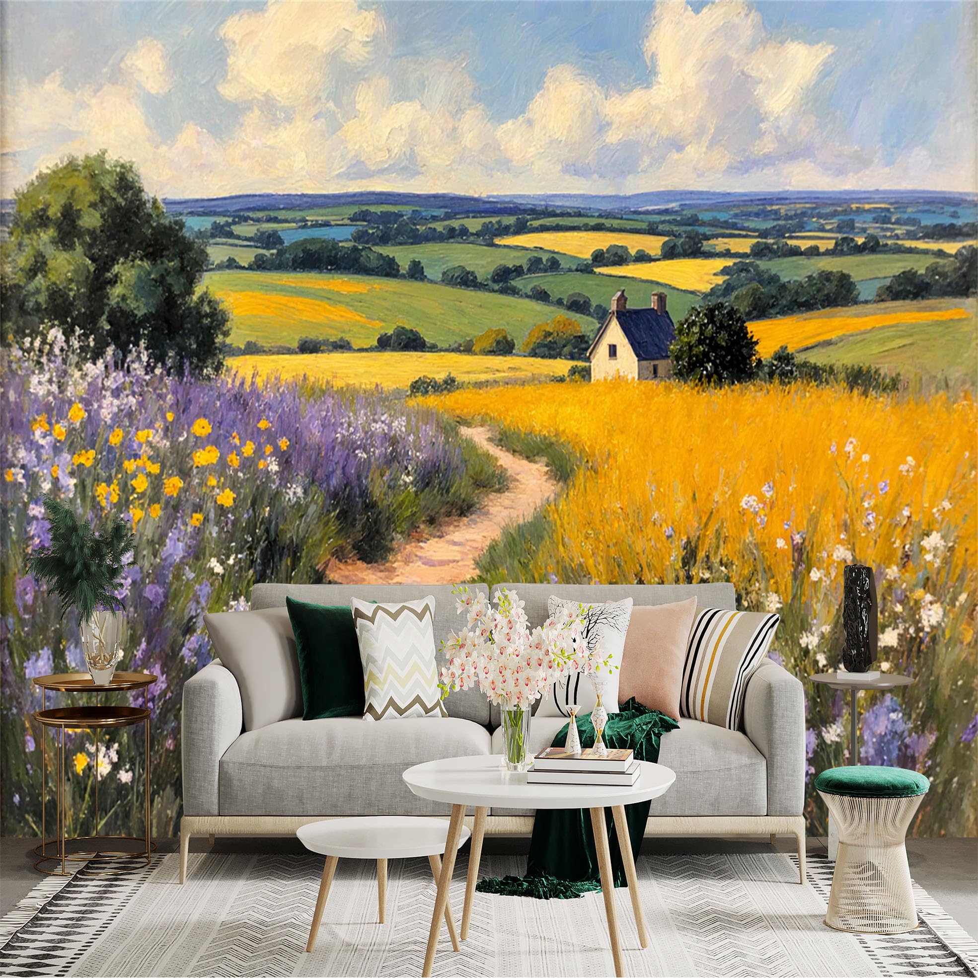 Custom Size Wall Sticker Mural， Rural Landscape with Wildflowers， Golden Wheat Fields， Peaceful Countryside Cottage， Scenic Summer Meadow， for wall Decoration， peelandstick wall Decals.