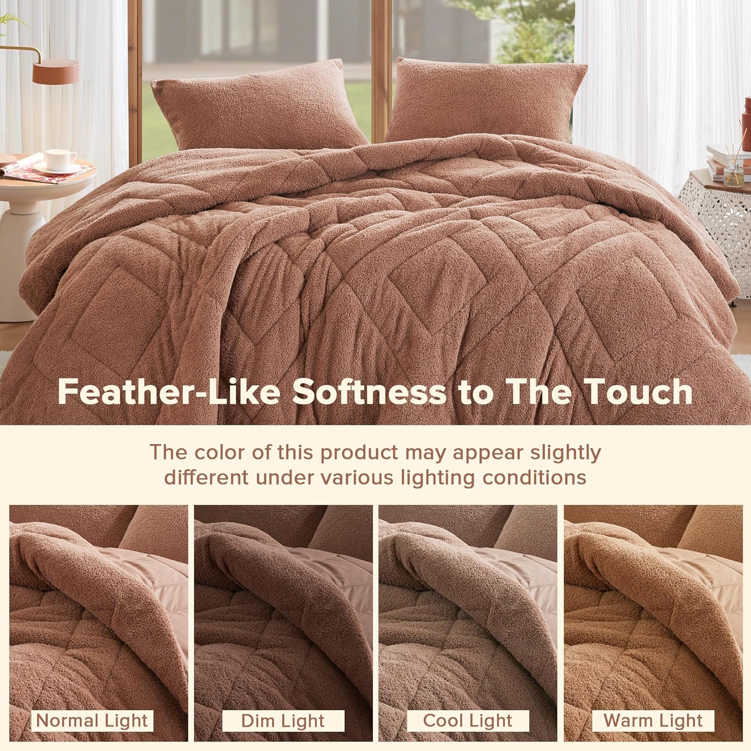Comfort Spaces Queen Comforter Set Reversible Feather-Soft Plush Comforters for Queen Size Bed All Season Lightweight Shearling Fleece Sherpa Comforter Queen Size Bed Set, Full/Queen, Brown 3 Piece - Image 8