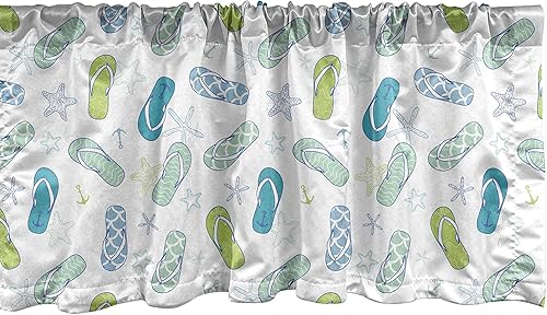 Miniatura 62 de Lunarable Cenefa de ventana azul pálido, diseño de conchas de vida submarina grunge, estrellas de mar, arte marítimo incompleto, cenefa de cortina