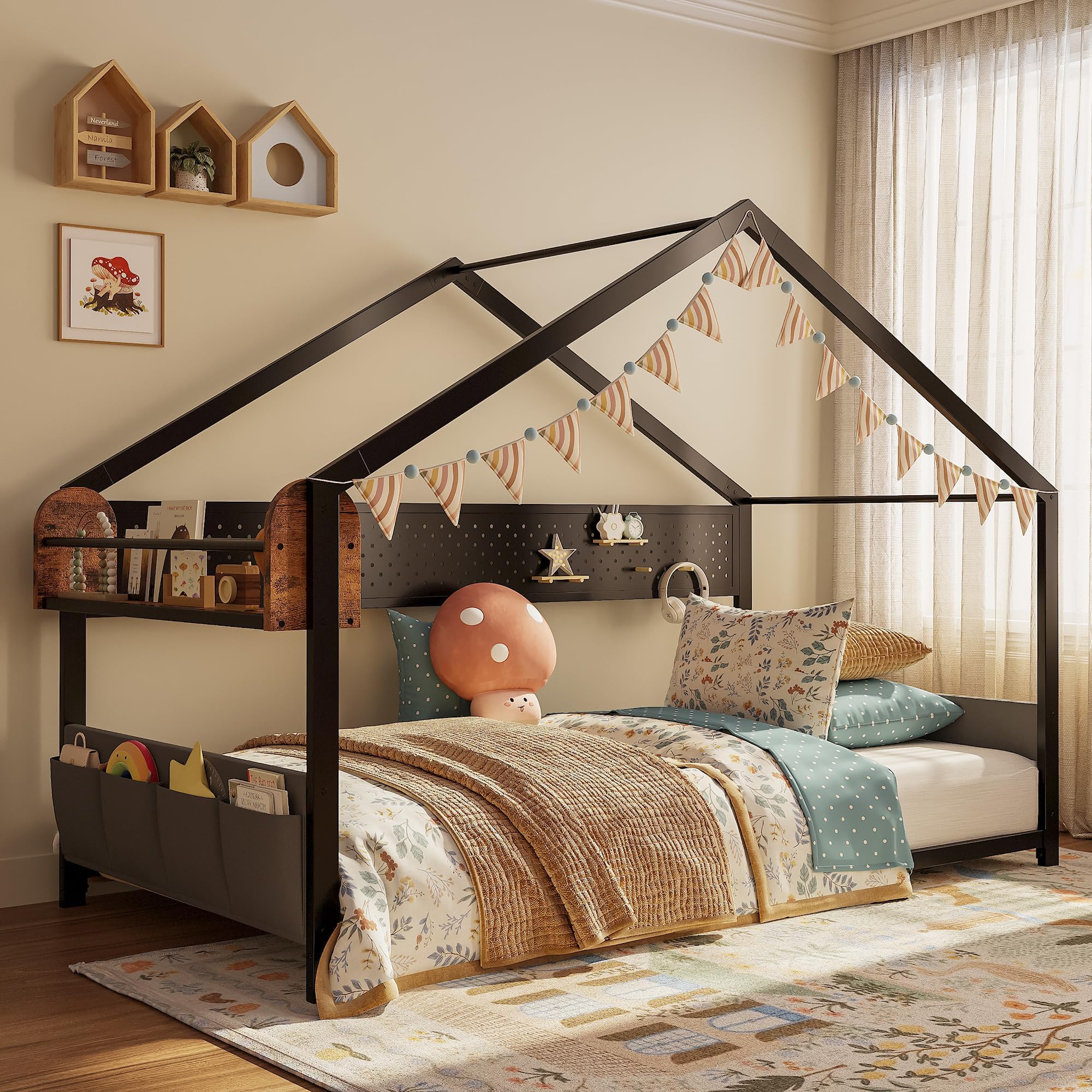 IRONCK Twin Bed Frame with Storage, House Roof Metal Twin Floor Bed, Black | Multi-Functional Pegboard, Bedside Caddy & Storage Shelf, Easy Assembly, No Box Spring Needed