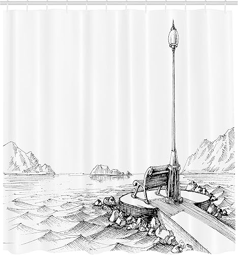 Miniatura 2 de Ambesonne Sketchy - Cortina de ducha, banco en medio de olas del océano, montañas, rocas, dibujo monocromático, juego de decoración de baño de tela