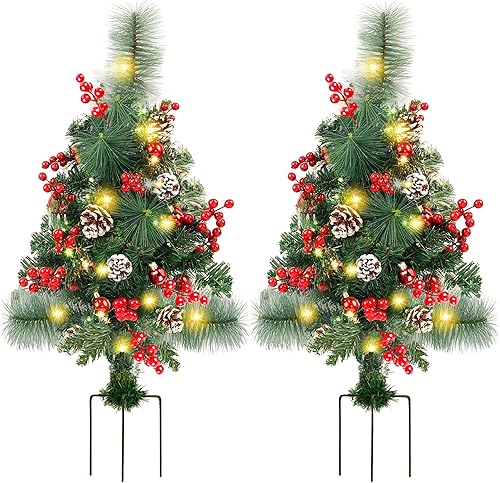 FORUP Juego de 2 urnas de árbol de Navidad preiluminadas de 30 pulgadas, decoración de árbol de Navidad al aire libre para porche, entrada, patio,