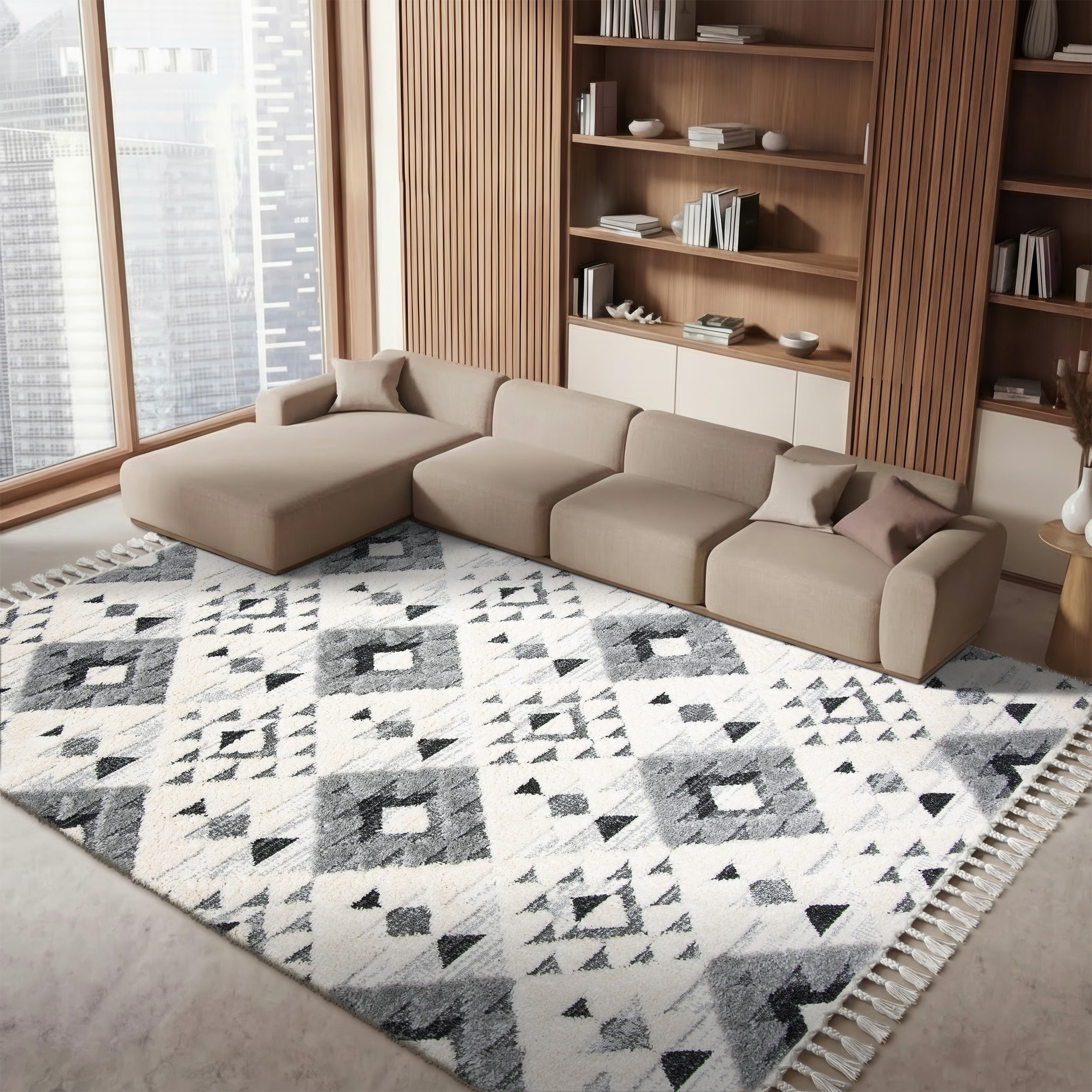 Area Rug 8x10 - Moroccan Tassel Shag Collection - Large - Ivory & Grey, Non-Shedding & Easy to Clean, Plush High-Low Texture, Ideal for Living Room, Bedroom, Dining Space (MTS688F)