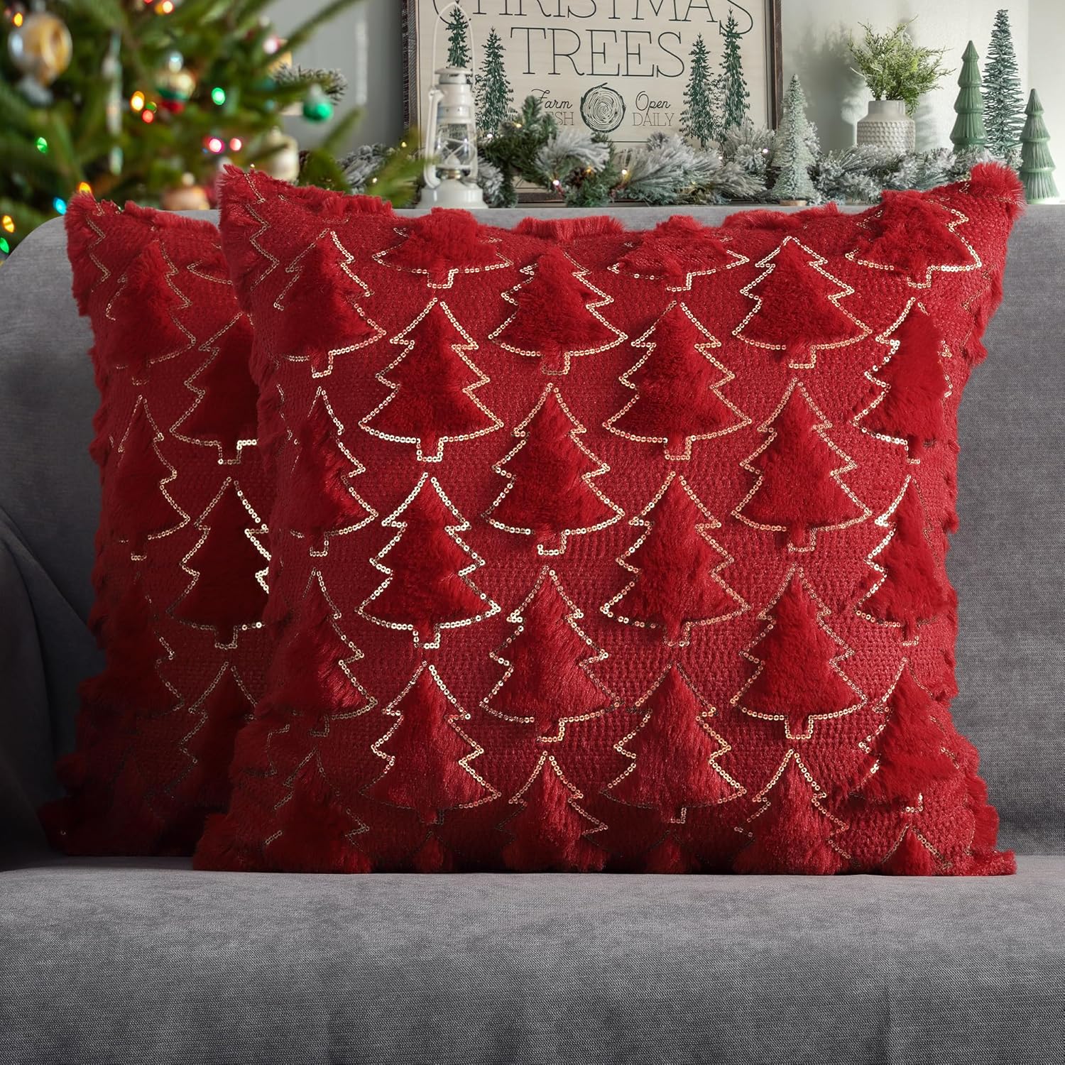 4TH Emotion Christmas Snowflake Tree Decorative Pillow Covers 20x20 Set of 2, Green Soft Plush Faux Fur Farmhouse Throw Cushion Cases for Xmas Winter Holiday Home Decorations