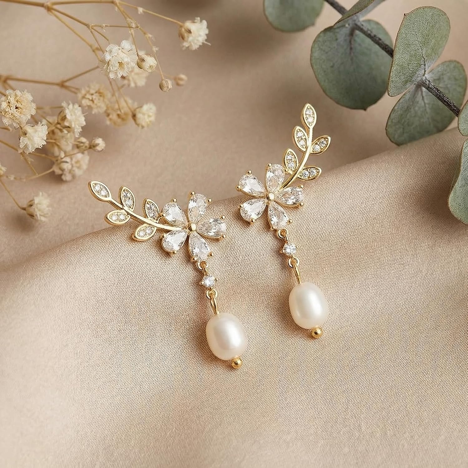 Sonateomber Pearl Dangle Drop Earrings for Women, Dainty Sparkly 14K Gold Plated CZ Rhinestone Bridal Crawler Stud Earing Prom Wedding Accessories Fashion Jewelry Gift