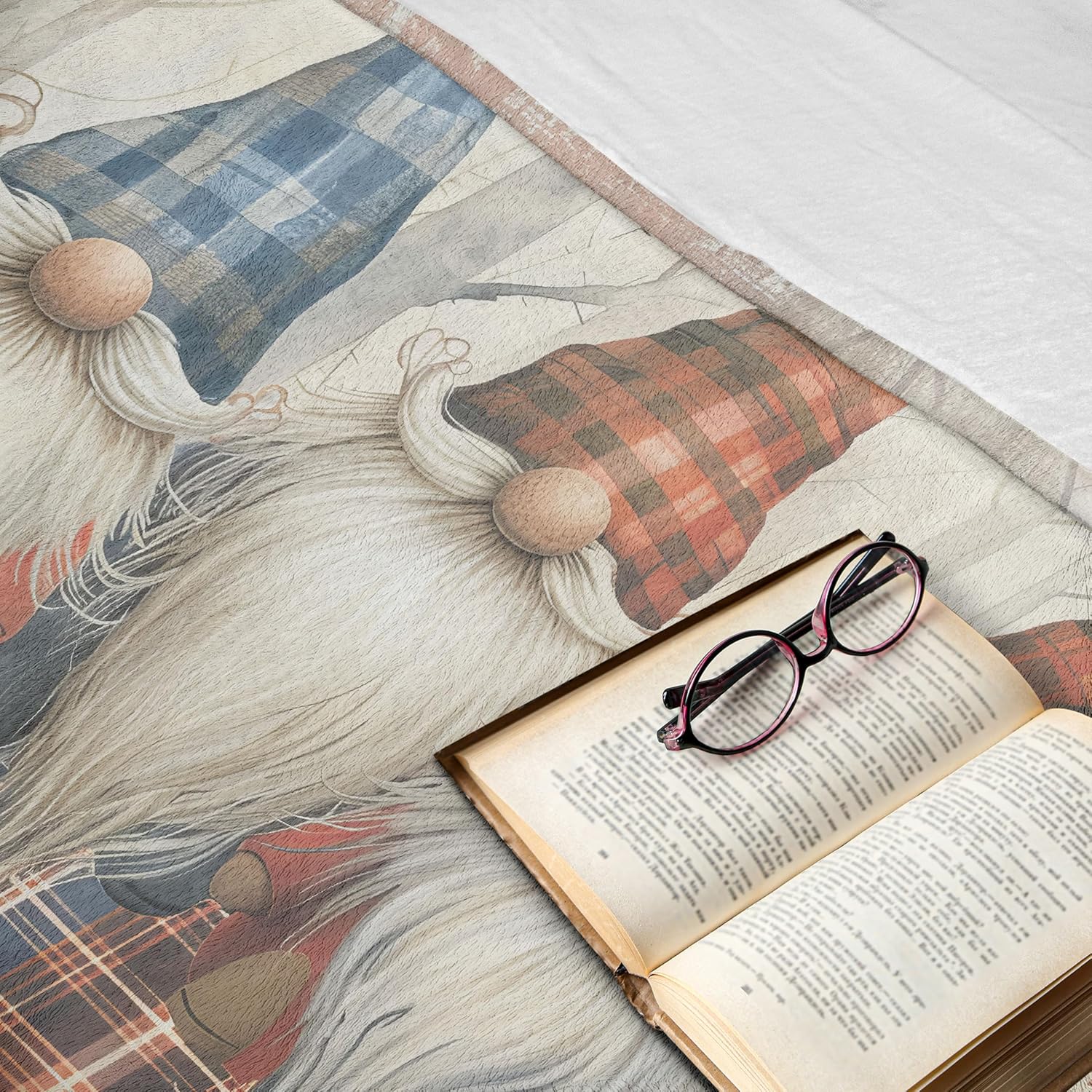 Ambesonne Christmas Throw Blanket, Gnomes with Plaid Hats Print Whimsical Xmas Elves Santa's Helpers, Flannel Fleece Accent Piece Soft Couch Cover for Adults, 50" x 70", Blue Brown Burnt Sienna