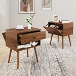 Night Stands Bedside Table Set of 1,Mid Century Modern Table De Chevet,End Table with Storage Drawer and Wood Legs for Bedroom,Walnut