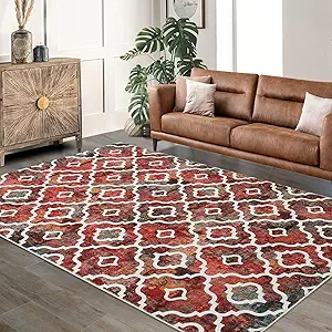 GlowSol Xmas Area Rug 9x12 Washable Rugs for Living Room Rug Non-Slip Soft Christmas Rug Geometric Farmhouse Low Pile Design Printed Carpet for Dining Room Bedroom Office Home Decor Colorful Red