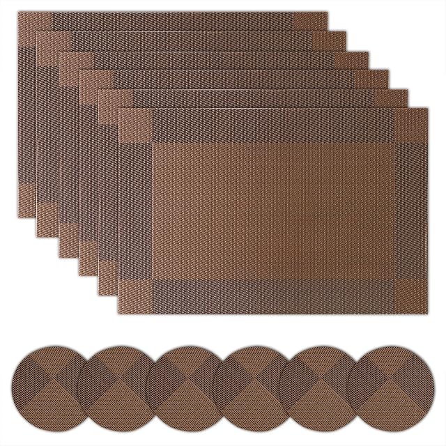 Placemats, Miorkly, Place Mats and Coasters Sets of 6 Christmas Table Mats, Heat Resistant /Washable /Non Slip PVC Table Place Mats,Woven Vinyl Table Placemats,45CM x 30CM(Dark Brown)