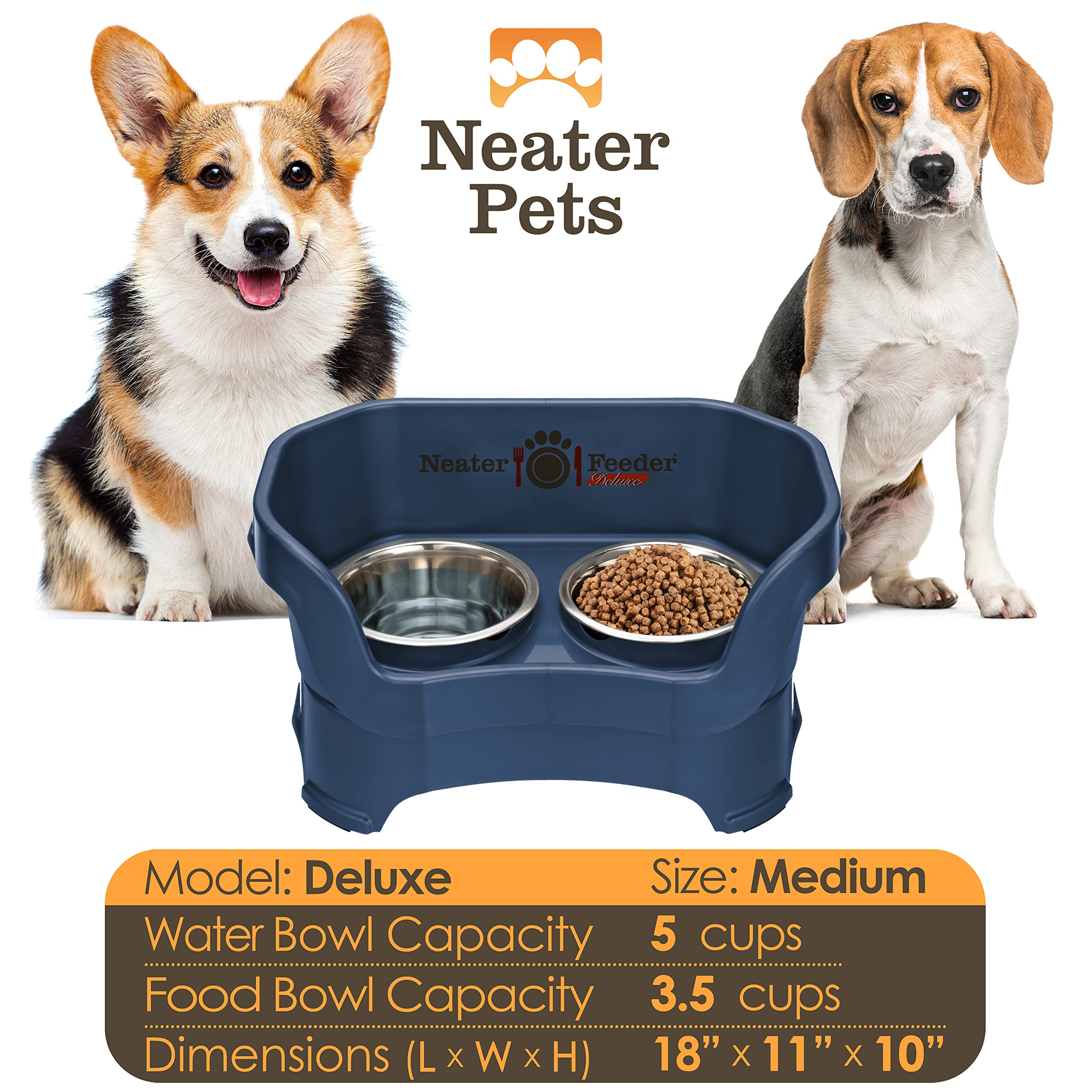 Neater Feeder - Ciotole per cani a prova di disordine (M, blu scuro) - Made in USA - rialzate, senza fuoriuscite, anti-ribaltamento, antiscivolo, rialzate, in acciaio inox per cibo e acqua