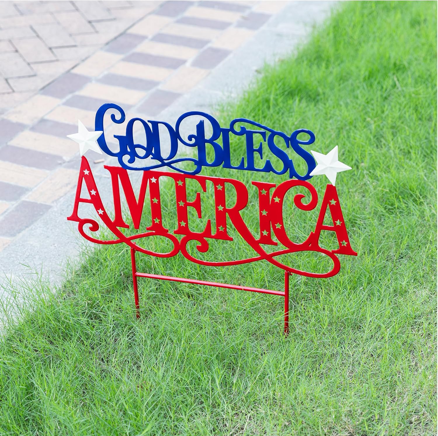 Glitzhome 4th of July Decorations Outdoor, 23.25"H Patriotic GOD BLESS AMERICA Decorative Garden Stakes, Metal Americana Patriotic Day Yard Sign, Memorial Day Yard Signs for Lawn Porch Decor